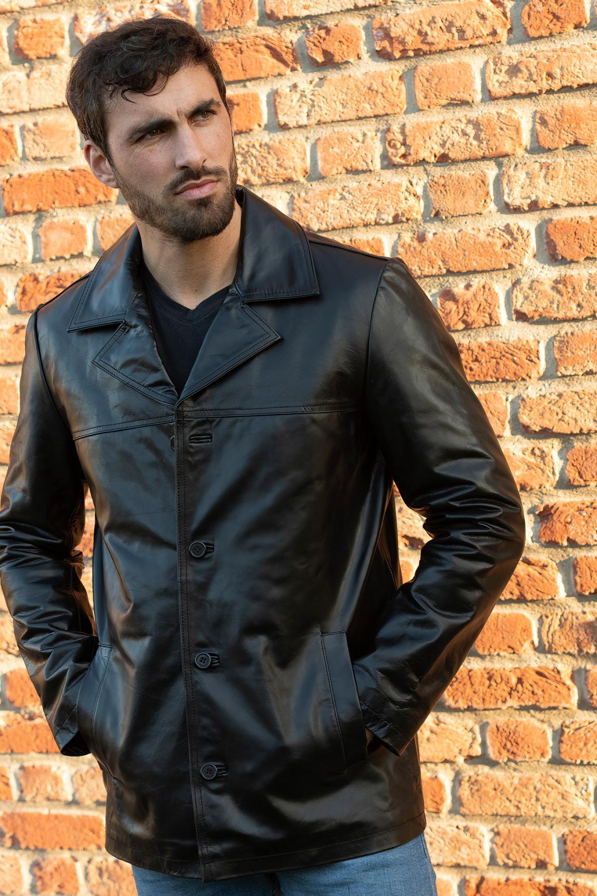 Men's Black Leather Mid-Length Jacket - Image n°6