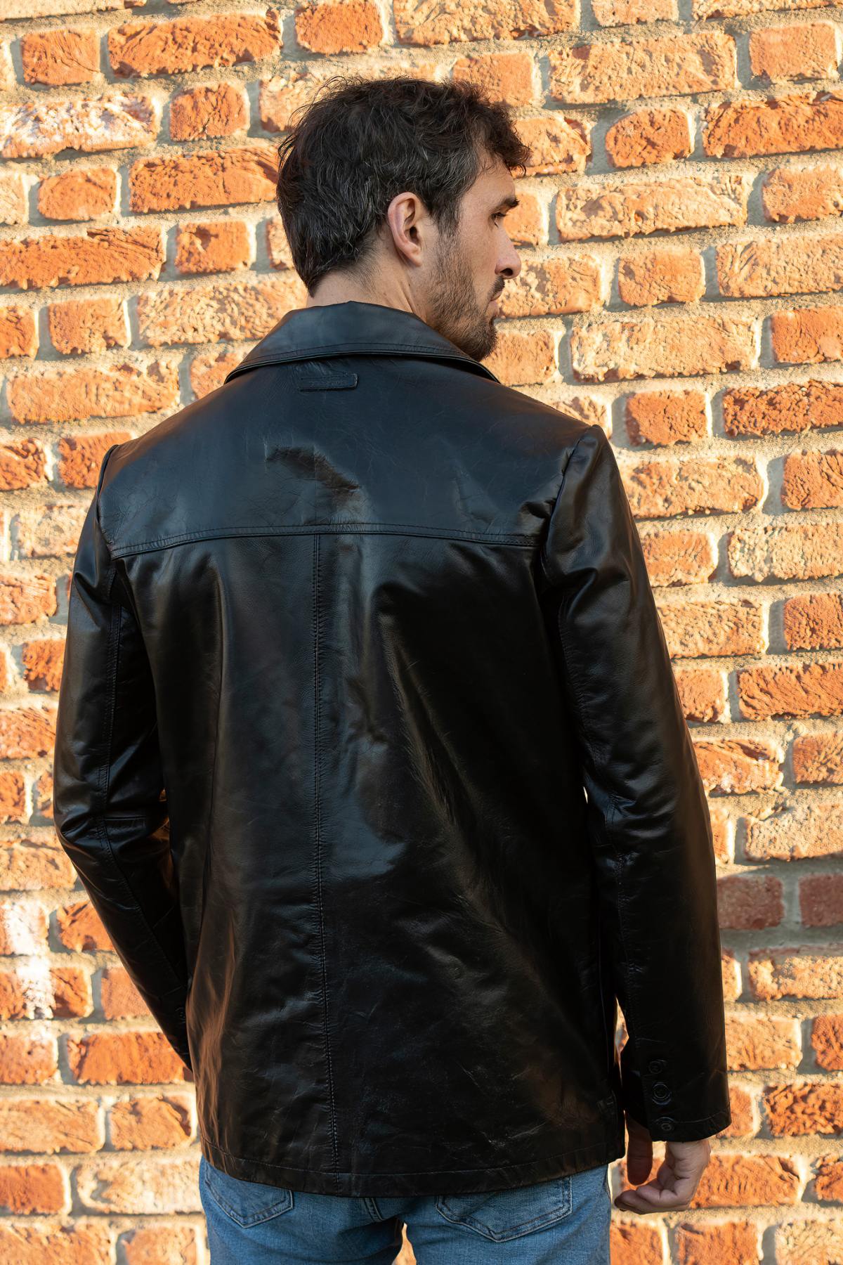 Men's Black Leather Mid-Length Jacket - Image n°5