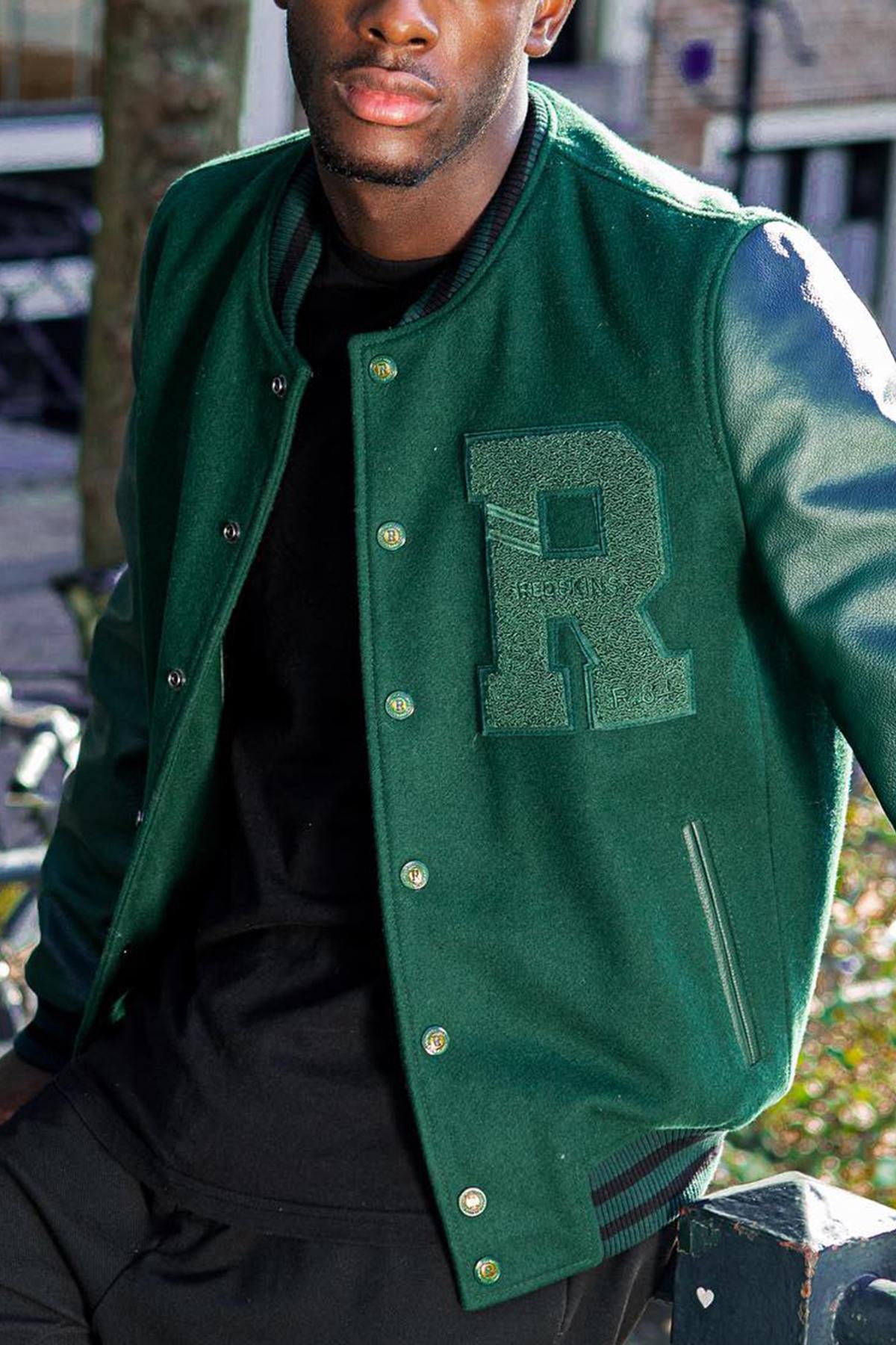 Green bi-material varsity teddy - Image n°1