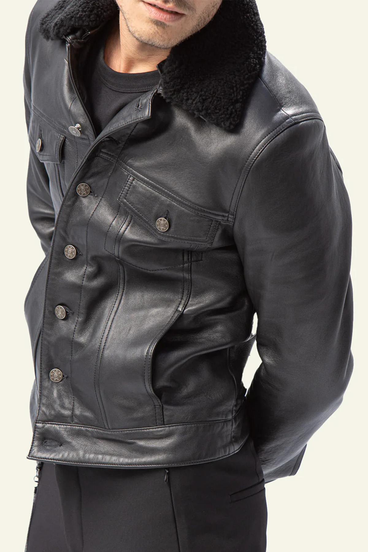 Black leather trucker jacket with removable fur collar - Image n°5