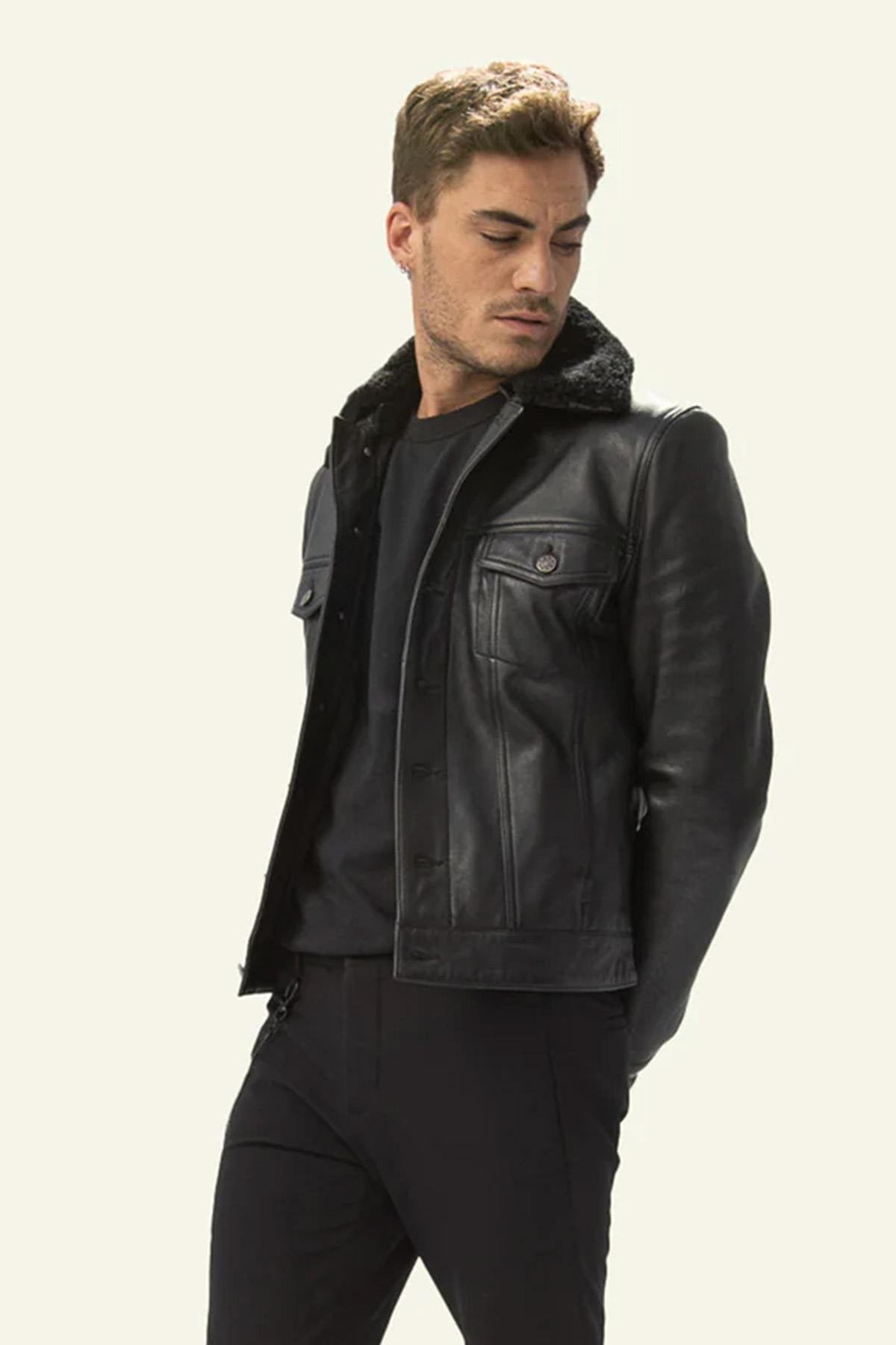 Black leather trucker jacket with removable fur collar - Image n°2