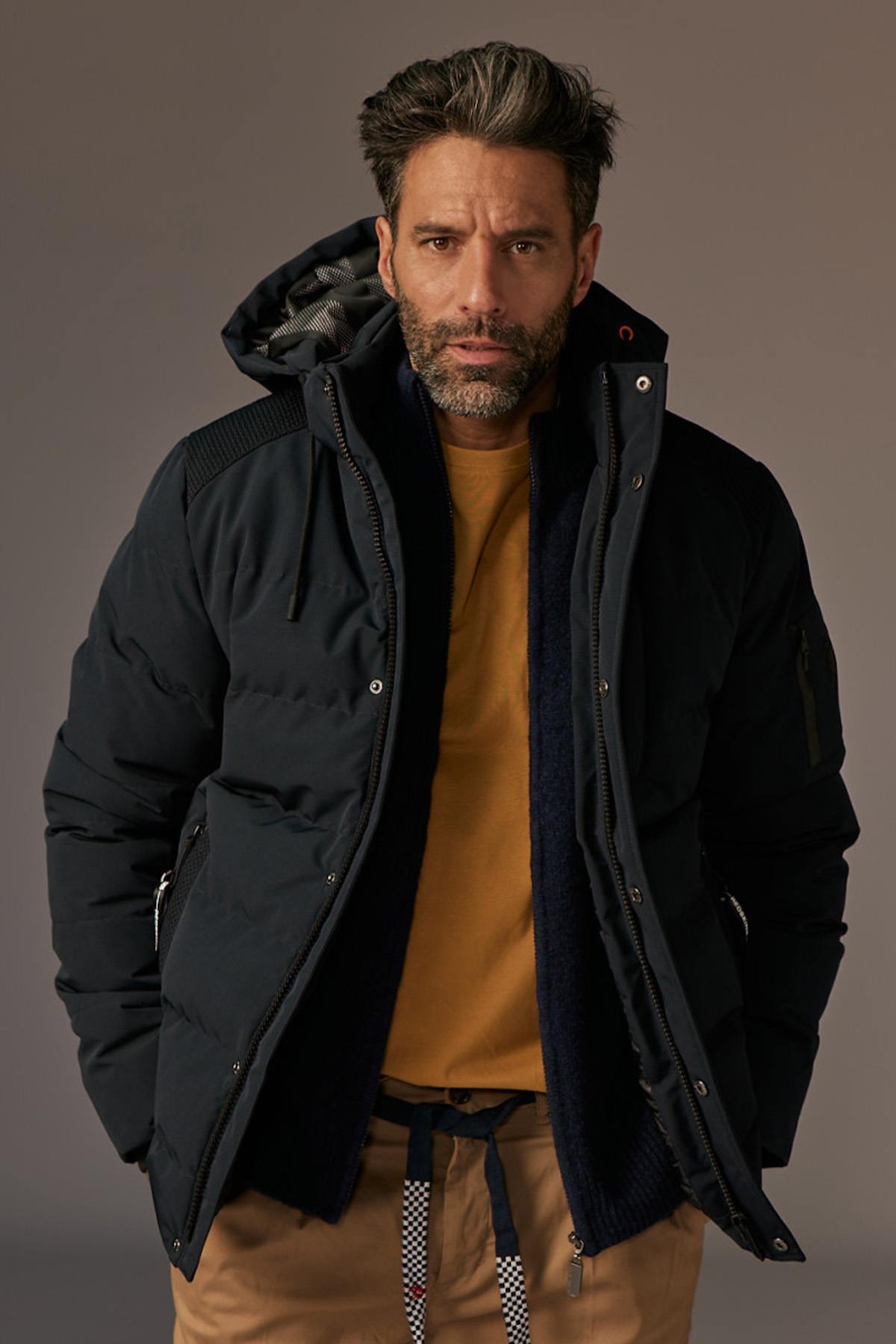 Dark Navy Blue Hooded Down Jacket for Men - Image n°1