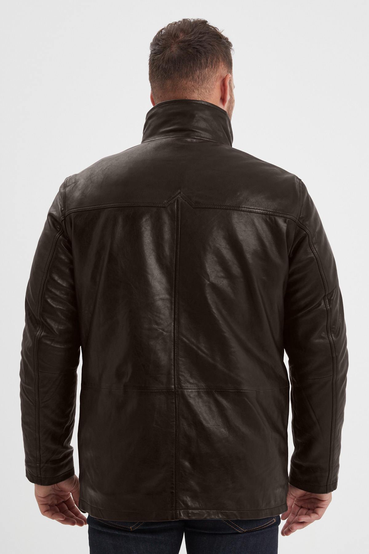 Dark brown leather jacket with stand-up collar and removable facing - Image n°3