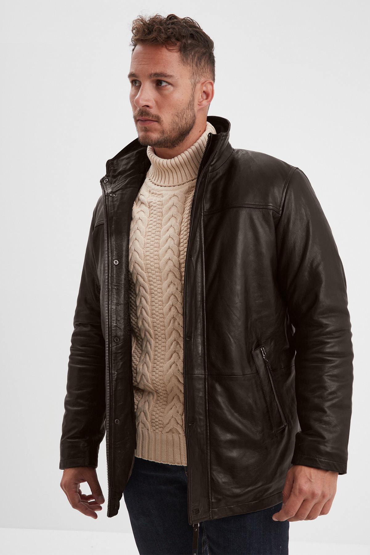 Dark brown leather jacket with stand-up collar and removable facing - Image n°1