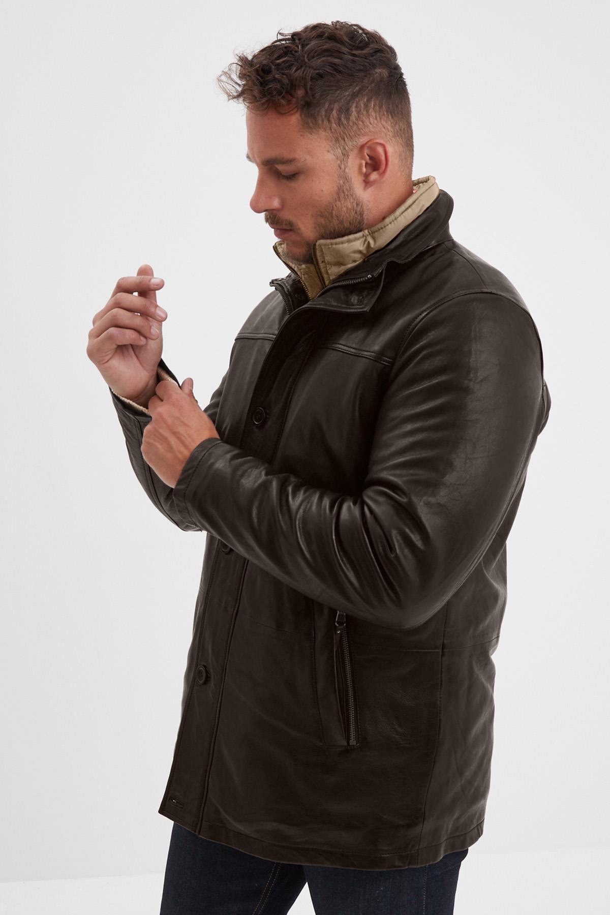 Dark brown leather jacket with stand-up collar and removable facing - Image n°5