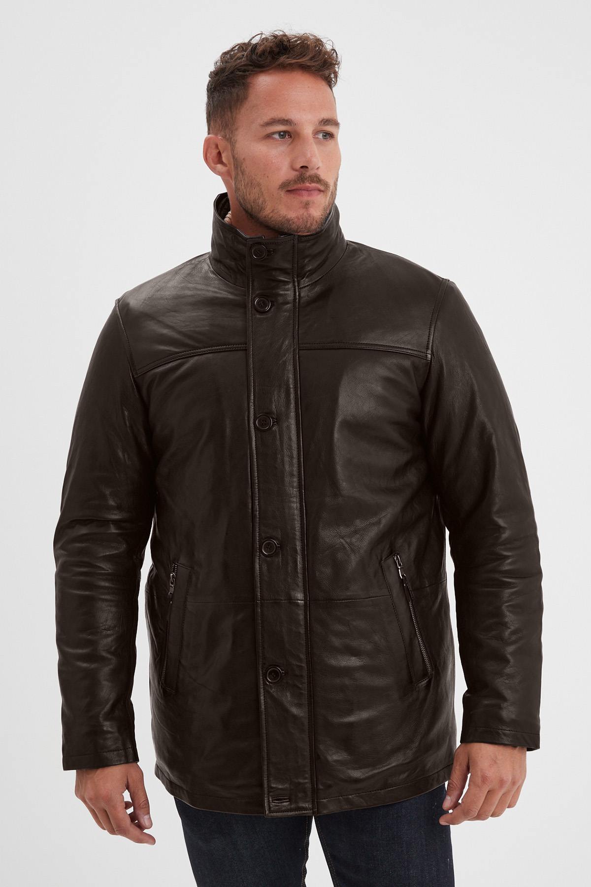 Dark brown leather jacket with stand-up collar and removable facing - Image n°2