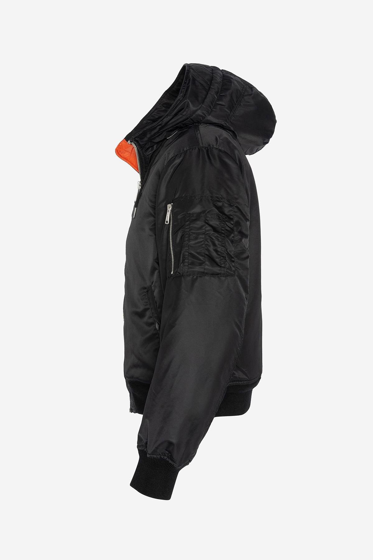 Black sherpa lined hooded bomber jacket in recycled nylon - Image n°4