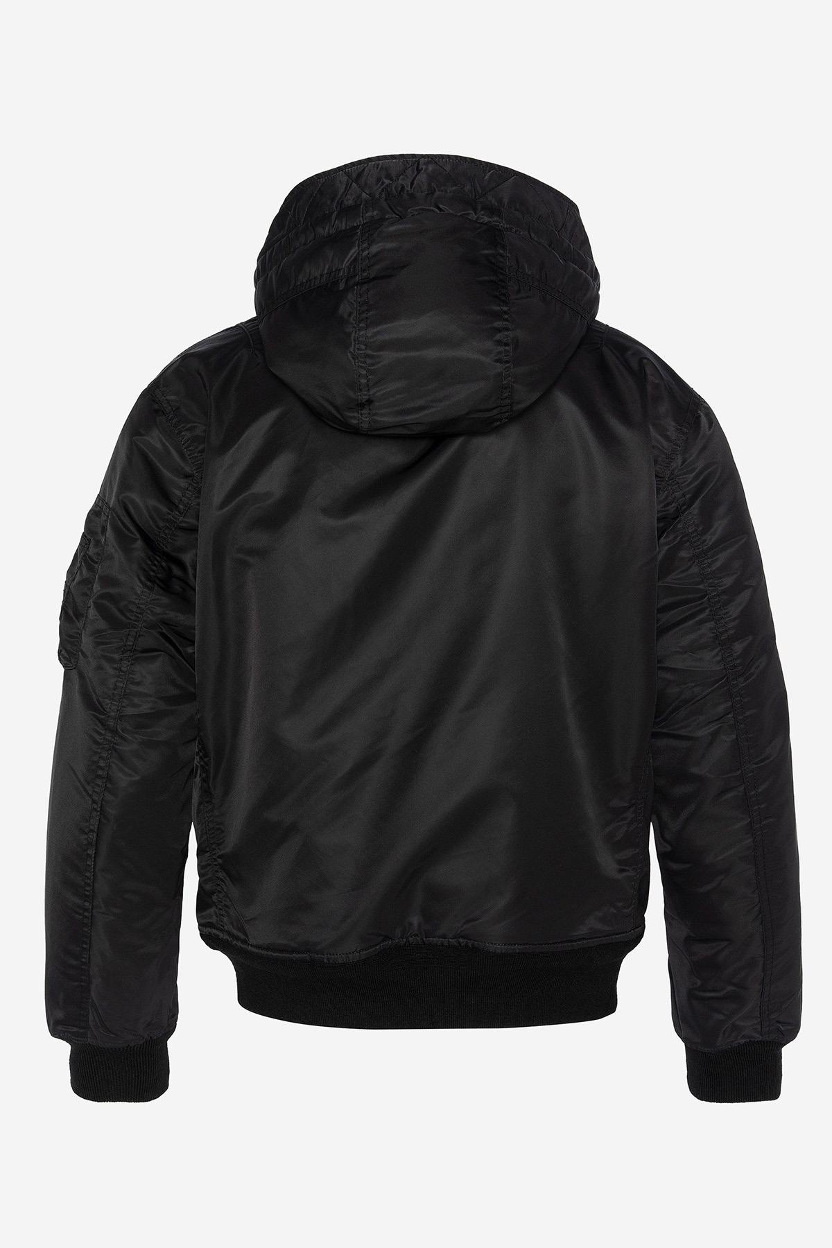 Black sherpa lined hooded bomber jacket in recycled nylon - Image n°2