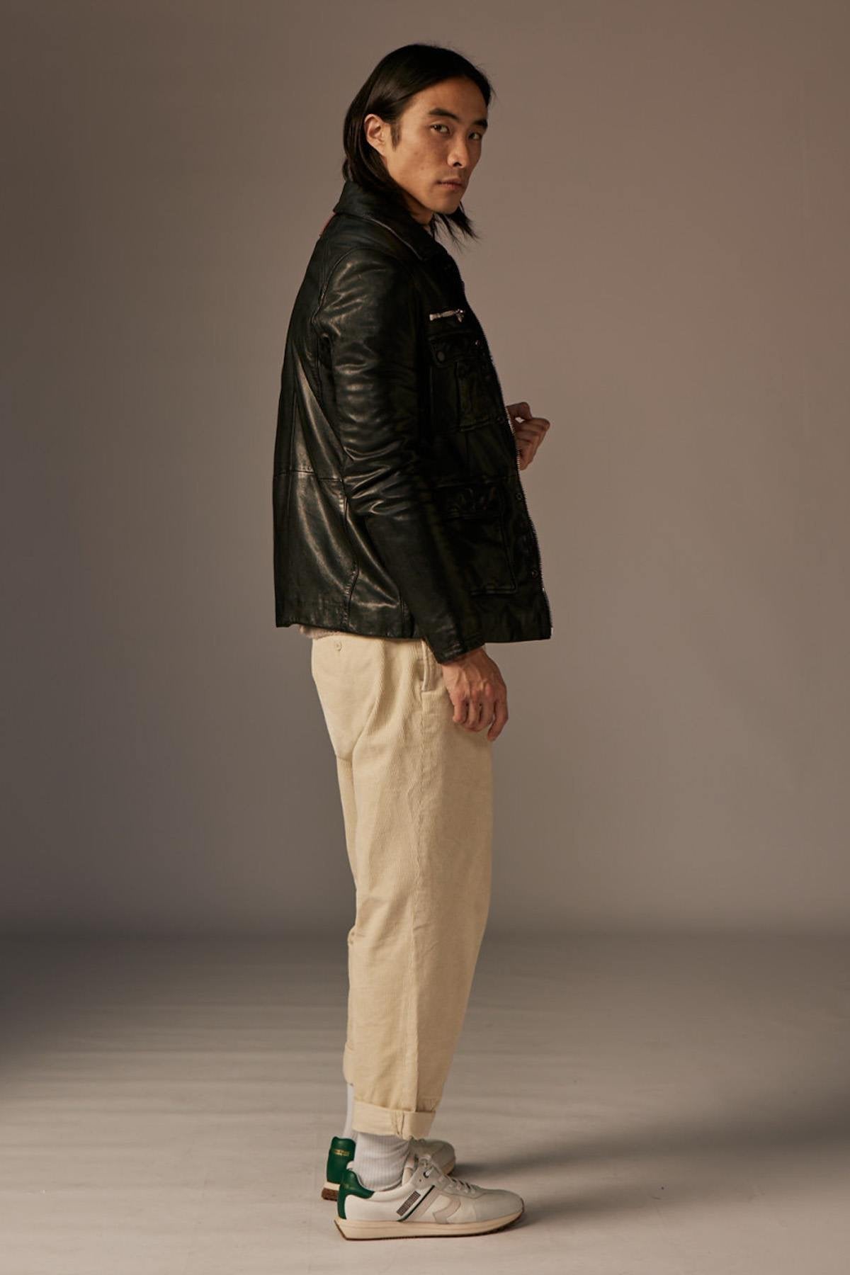 Mid-length black leather jacket with multiple pockets - Image n°3