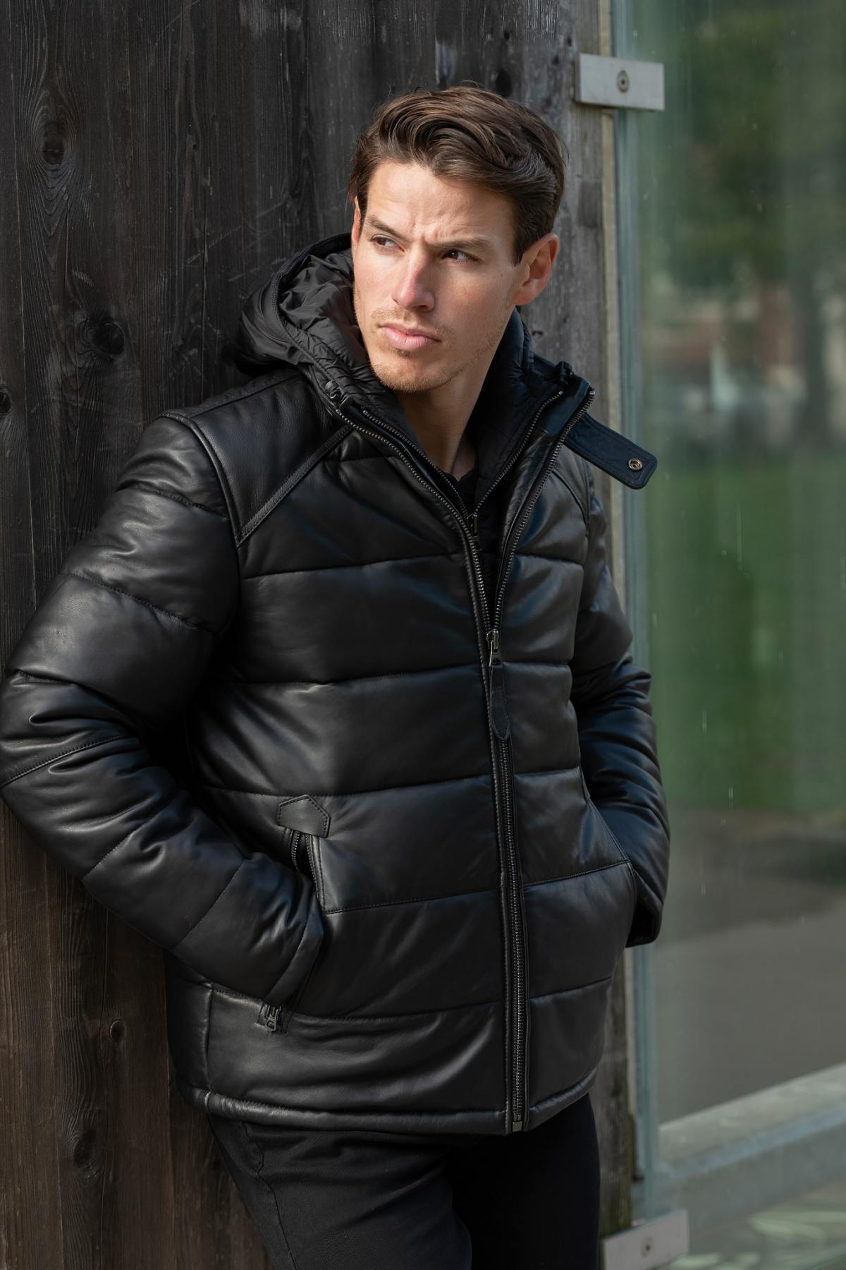 Sportswear leather down jacket - Image n°1