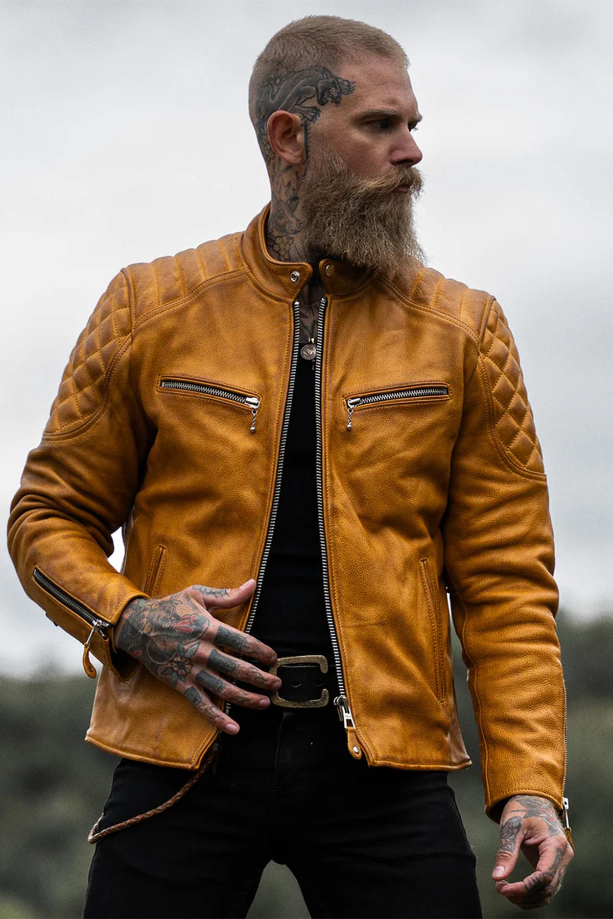 Gold Yellow Leather Pilot Jacket with Quilted Shoulders - Image n°1