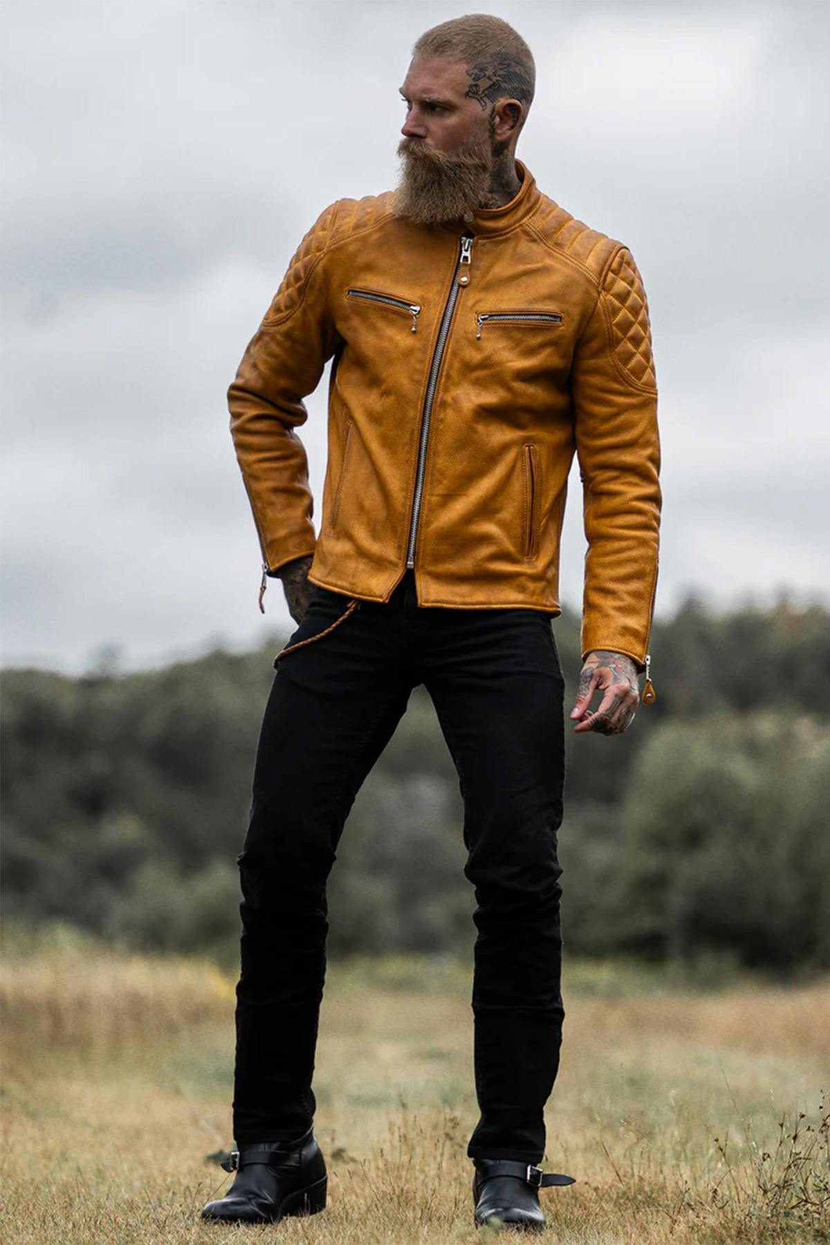 Gold Yellow Leather Pilot Jacket with Quilted Shoulders - Image n°2