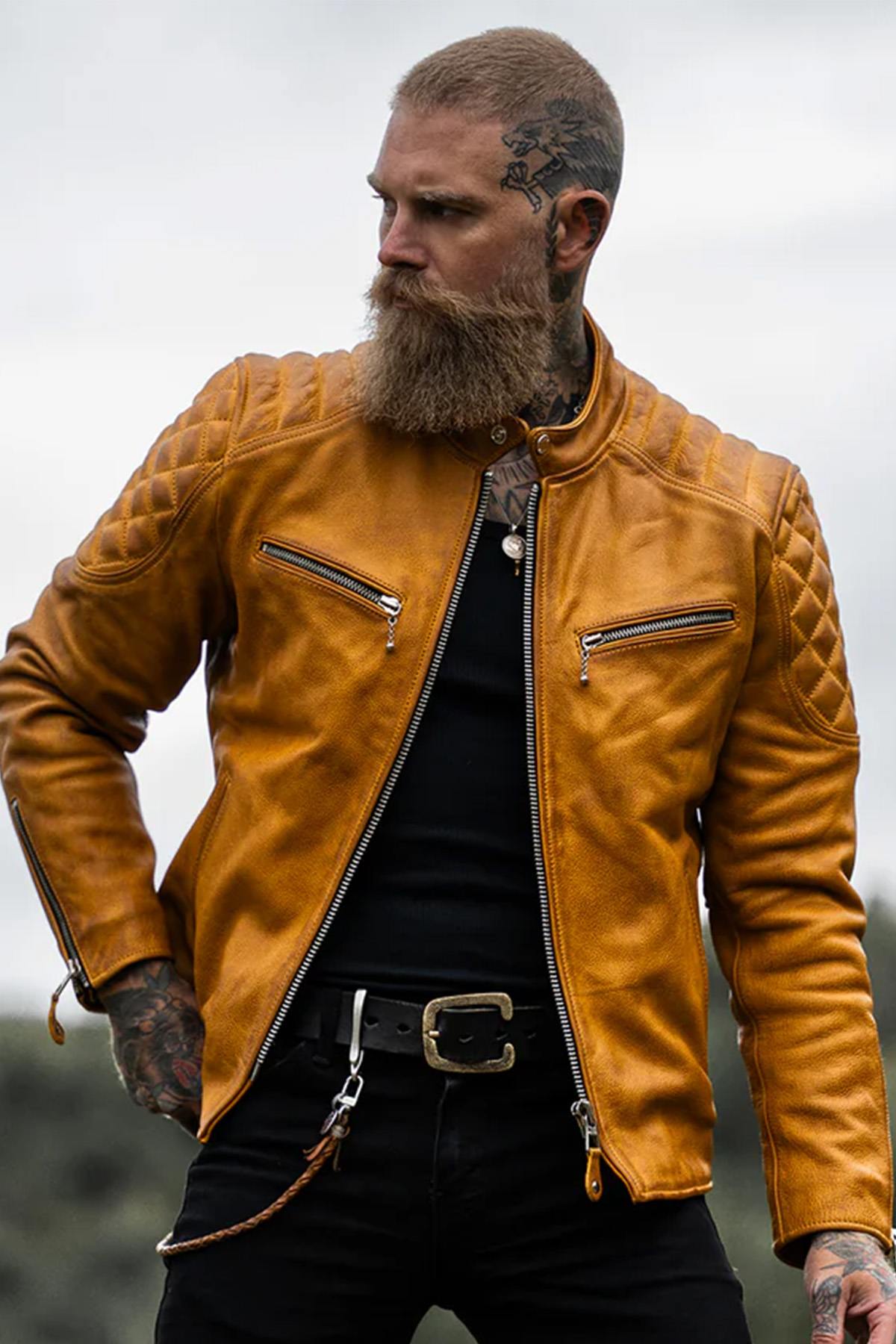 Gold Yellow Leather Pilot Jacket with Quilted Shoulders - Image n°13