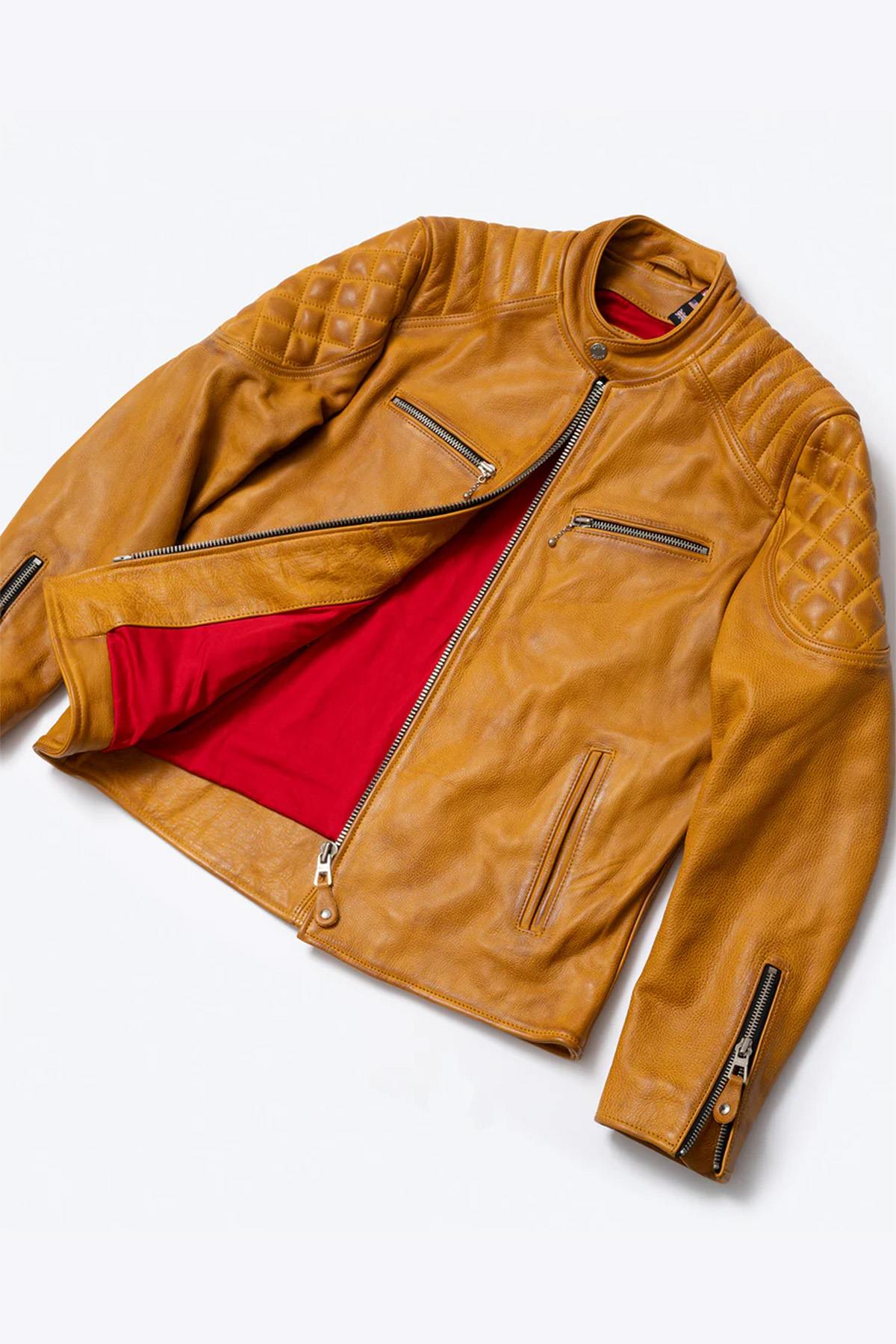 Gold Yellow Leather Pilot Jacket with Quilted Shoulders - Image n°8