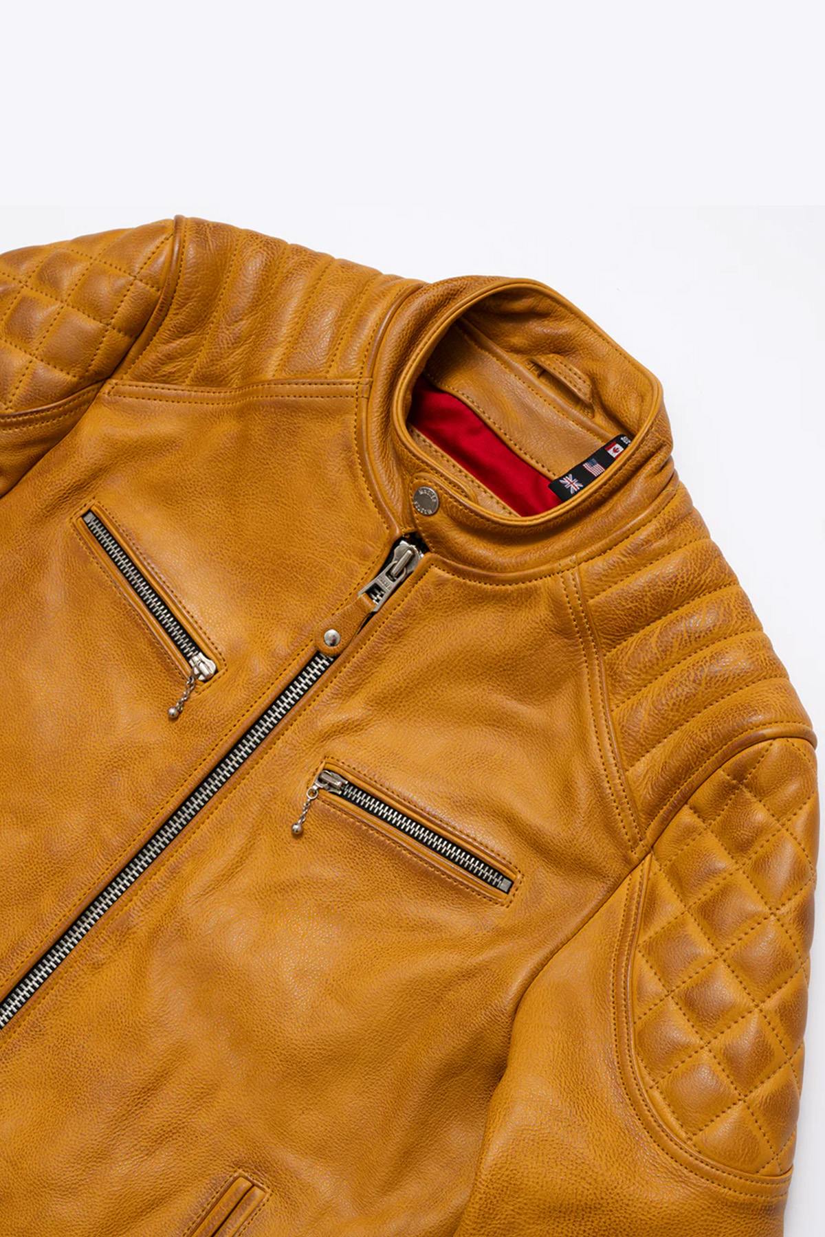 Gold Yellow Leather Pilot Jacket with Quilted Shoulders - Image n°10