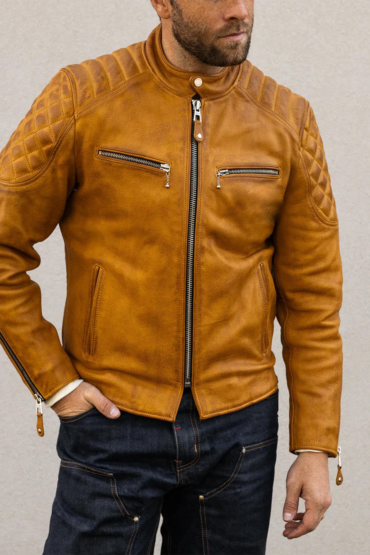 Gold Yellow Leather Pilot Jacket with Quilted Shoulders - Image n°3