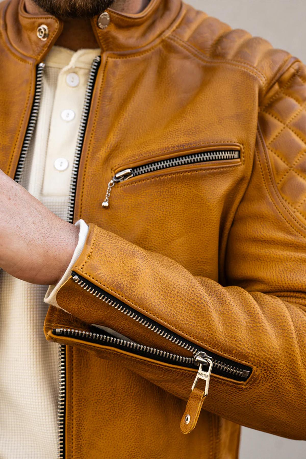 Gold Yellow Leather Pilot Jacket with Quilted Shoulders - Image n°6