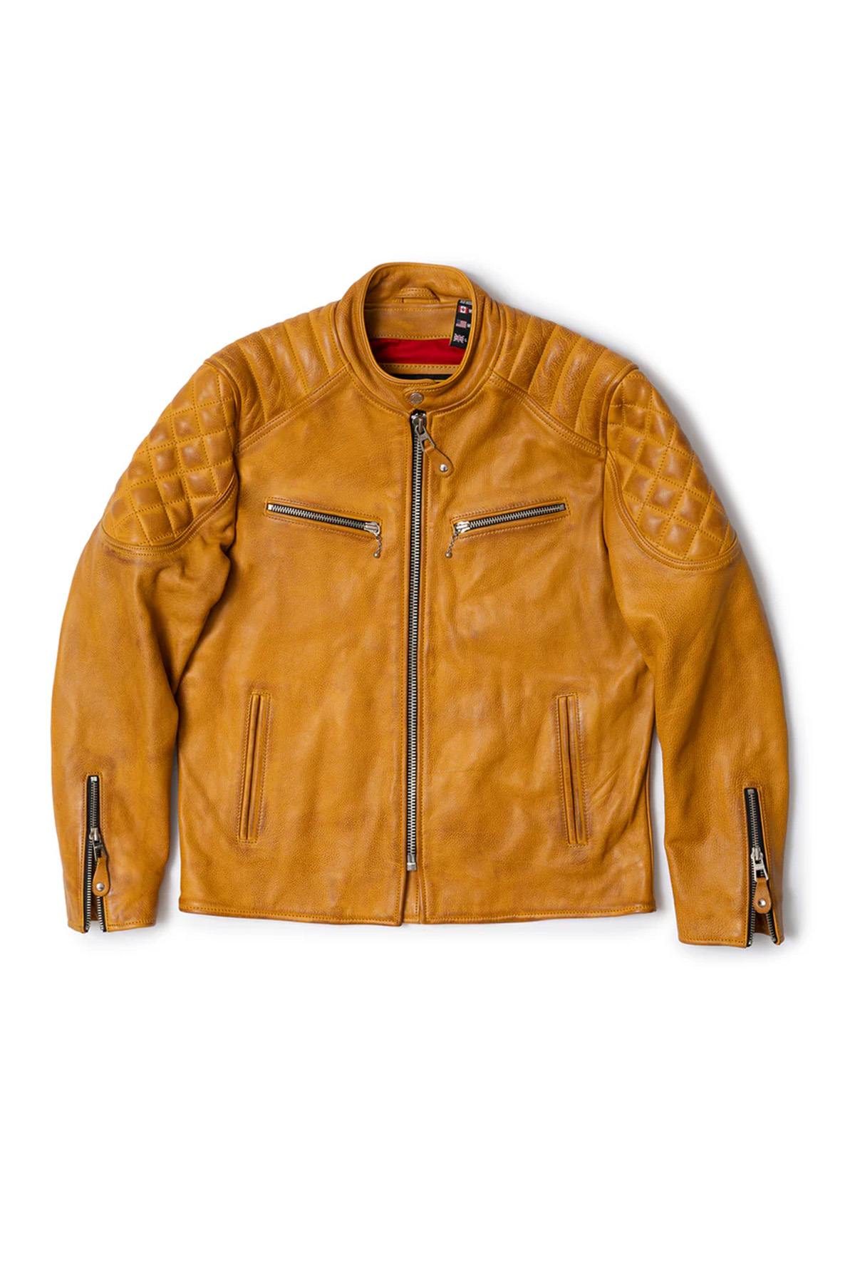 Gold Yellow Leather Pilot Jacket with Quilted Shoulders - Image n°7