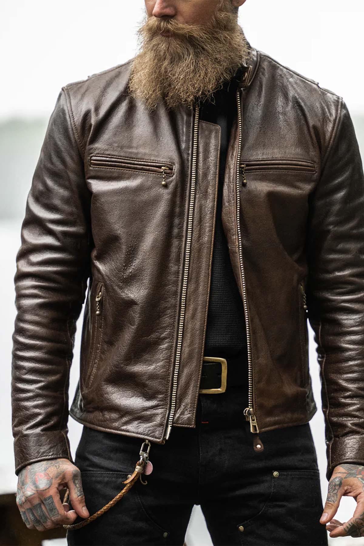 Quality leather jacket with vintage biker collar - Image n°3