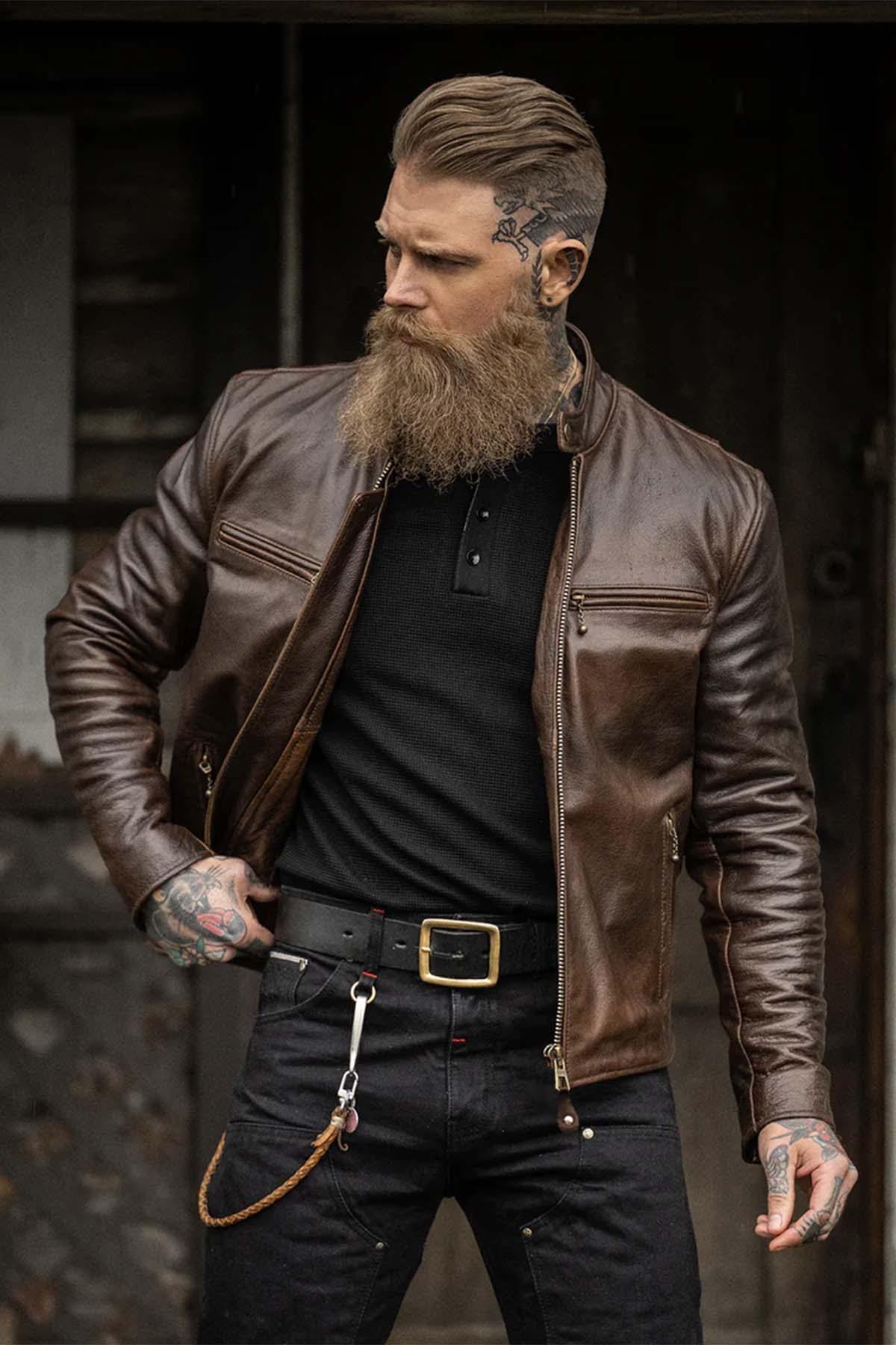 Quality leather jacket with vintage biker collar - Image n°1