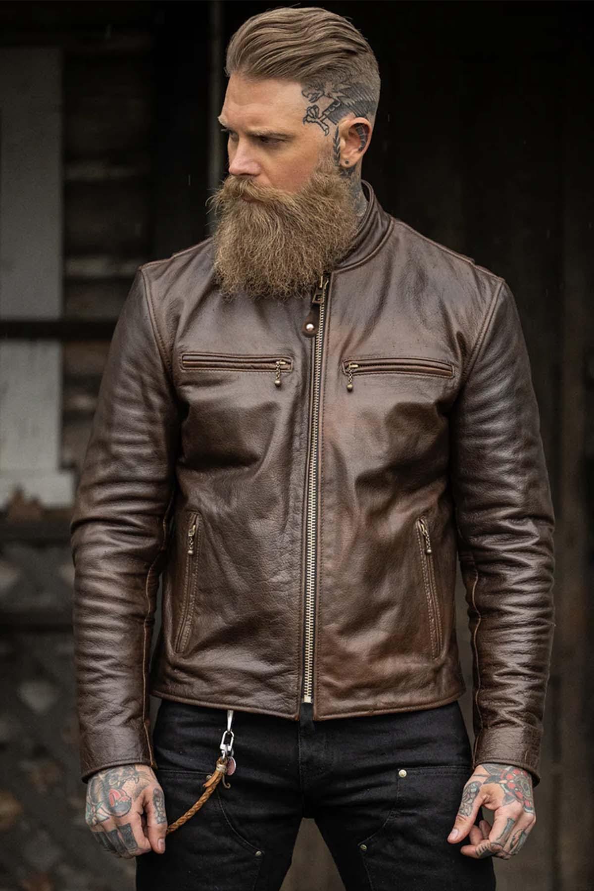 Quality leather jacket with vintage biker collar - Image n°5