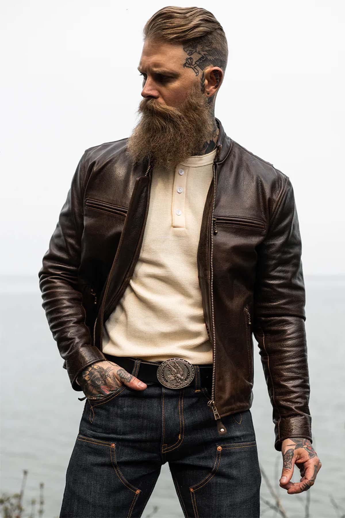 Quality leather jacket with vintage biker collar - Image n°7