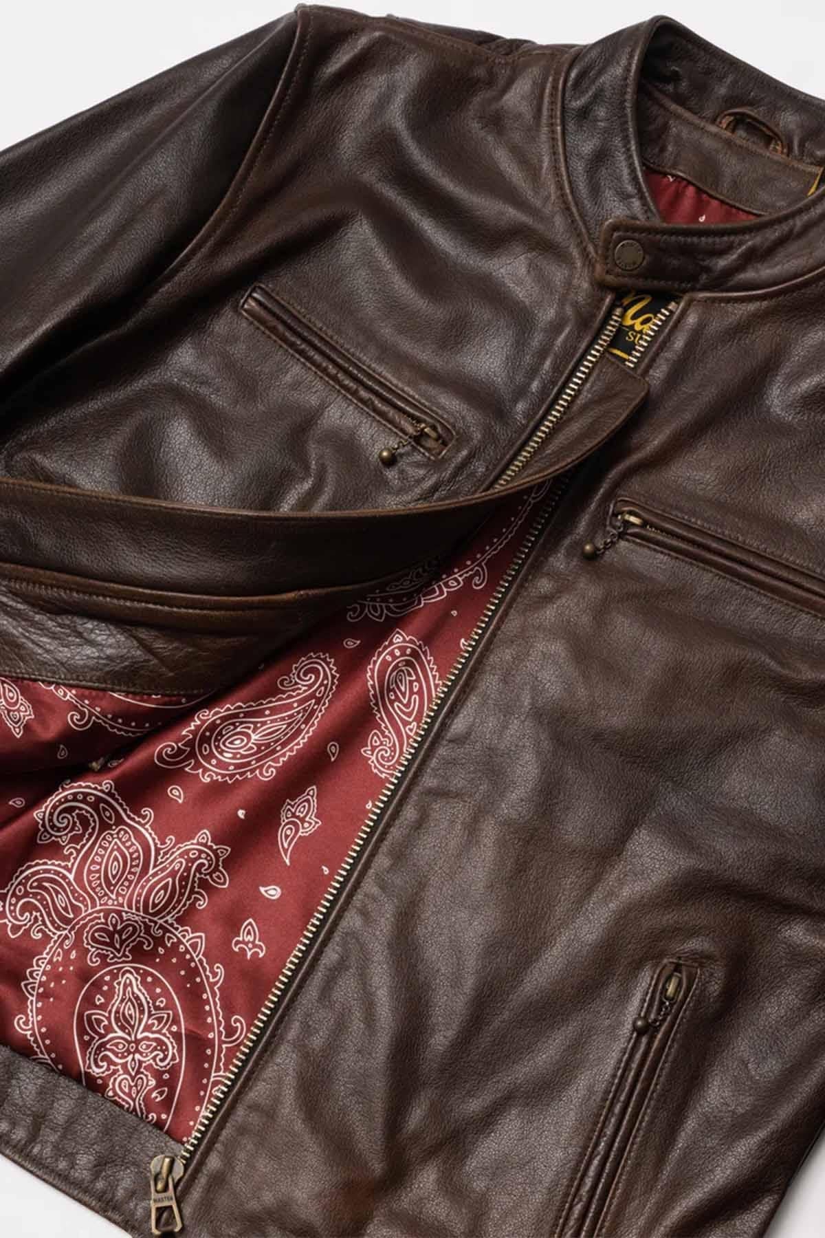 Quality leather jacket with vintage biker collar - Image n°10