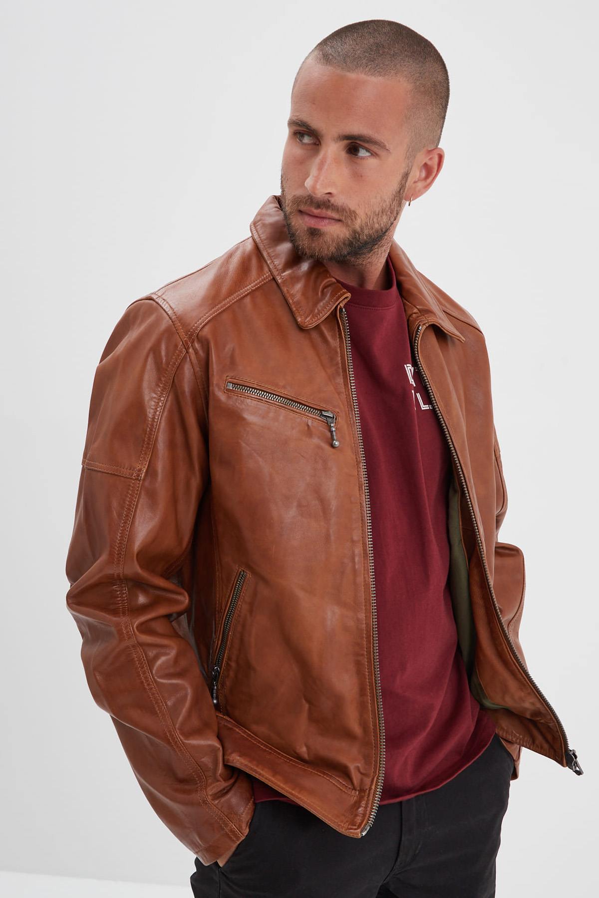 Retro style thick leather jacket - Image n°1