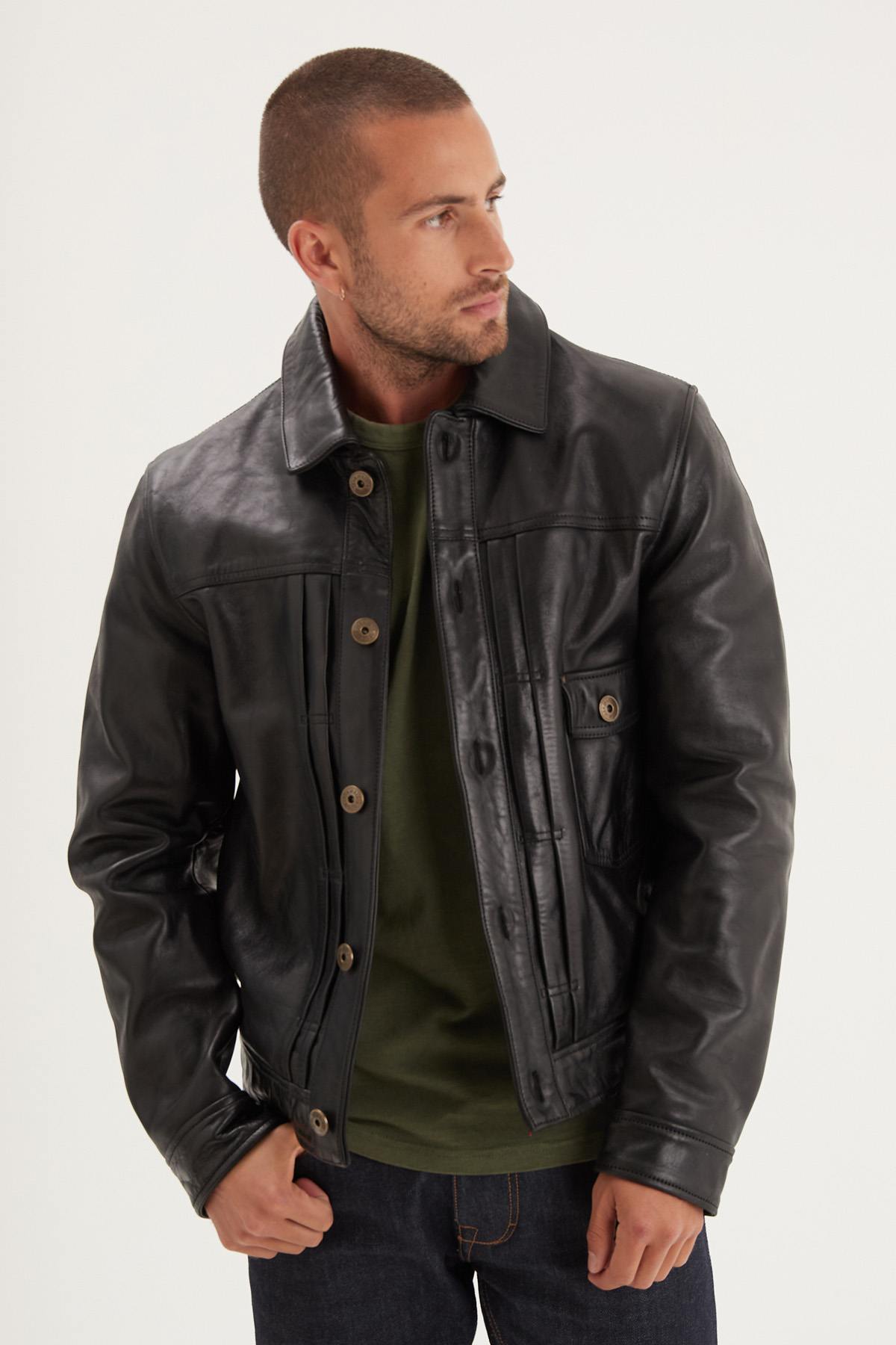 Thick black leather jacket with shirt collar - Image n°4