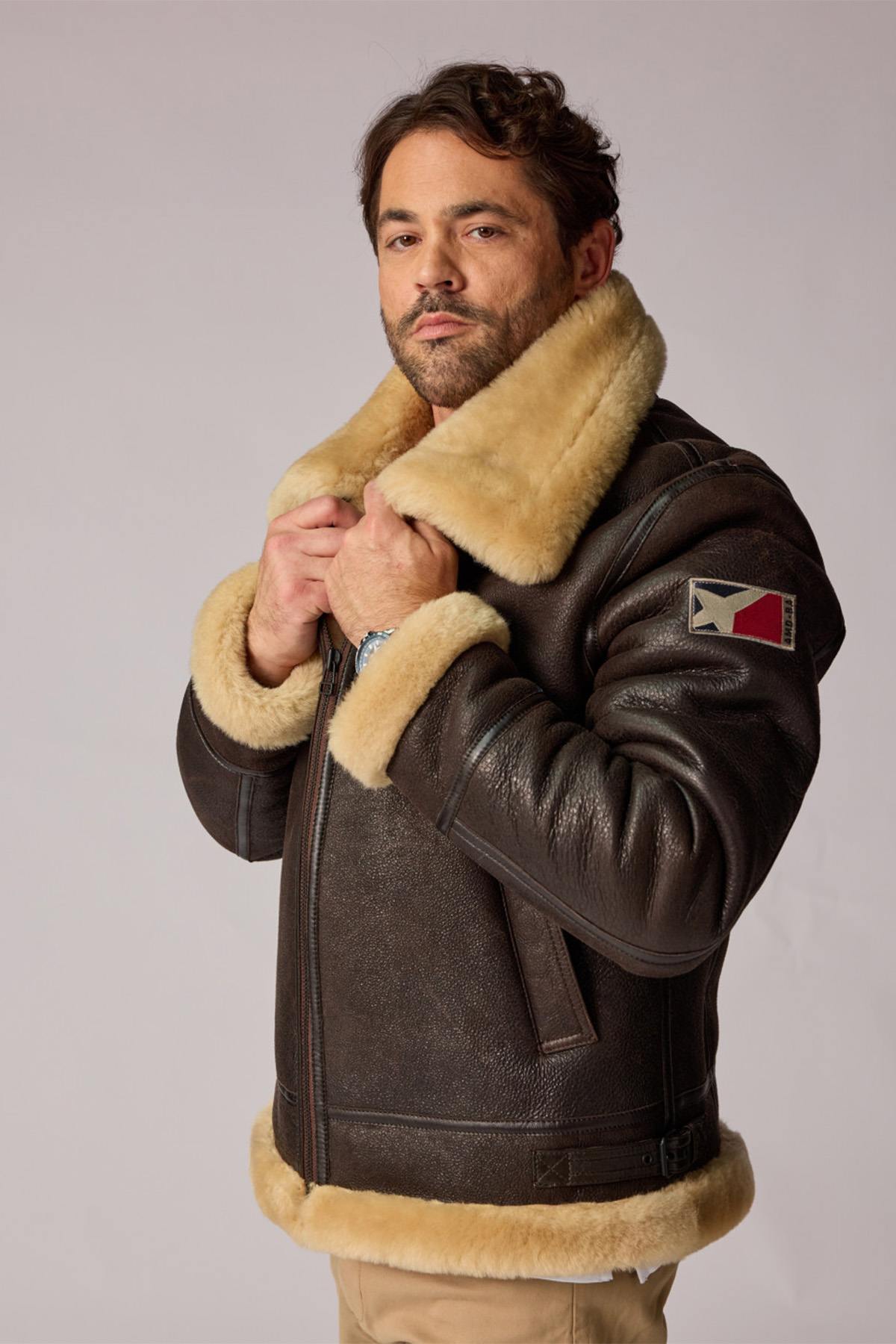 Brown Sheepskin Bomber Jacket Licensed by Patrouille de France - Image n°1