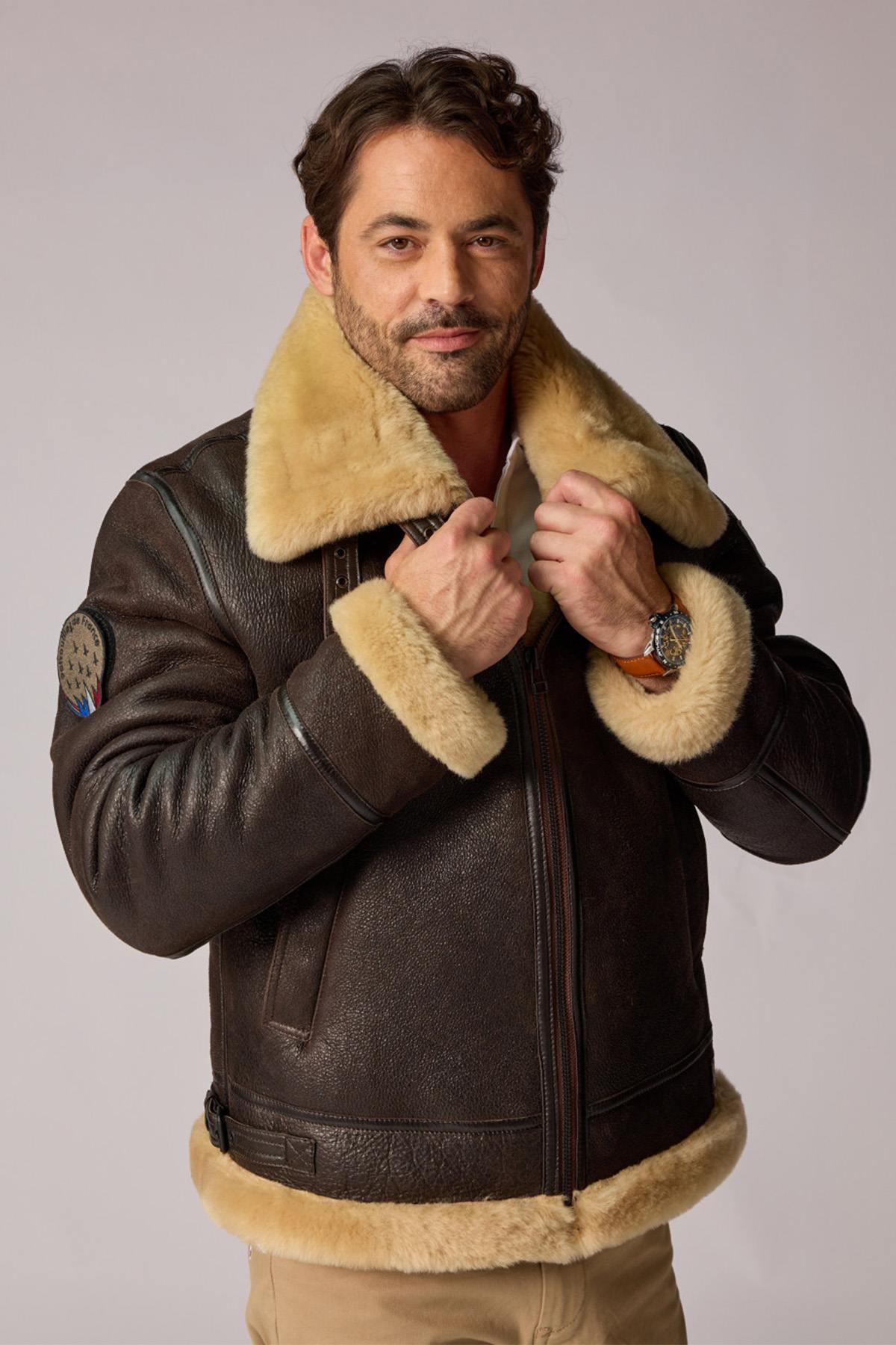 Brown Sheepskin Bomber Jacket Licensed by Patrouille de France - Image n°4