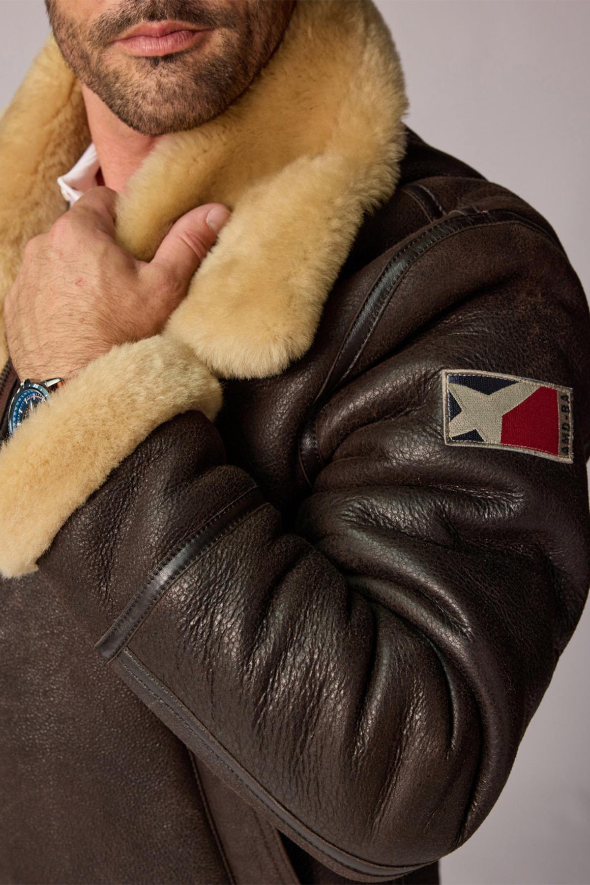 Brown Sheepskin Bomber Jacket Licensed by Patrouille de France - Image n°6