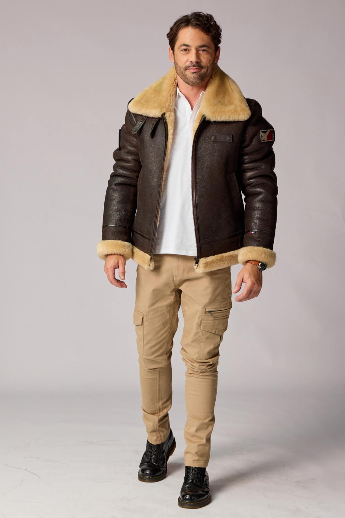 Brown Sheepskin Bomber Jacket Licensed by Patrouille de France - Image n°7