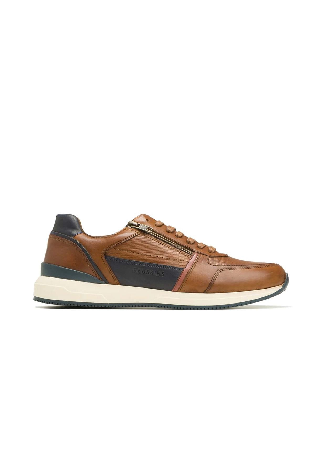 Cognac and navy leather sneakers with laces and side zip - Image n°4