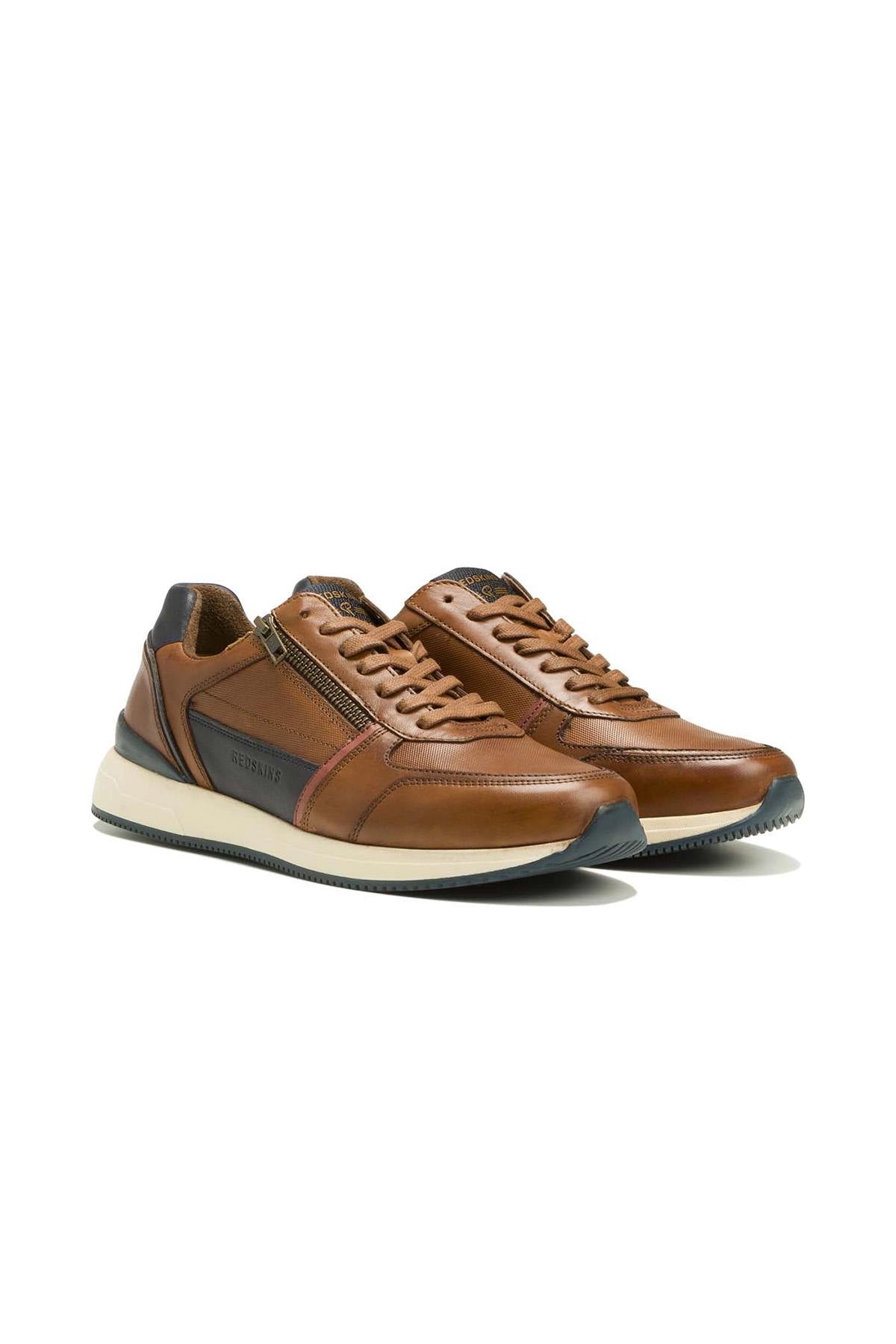 Cognac and navy leather sneakers with laces and side zip - Image n°1