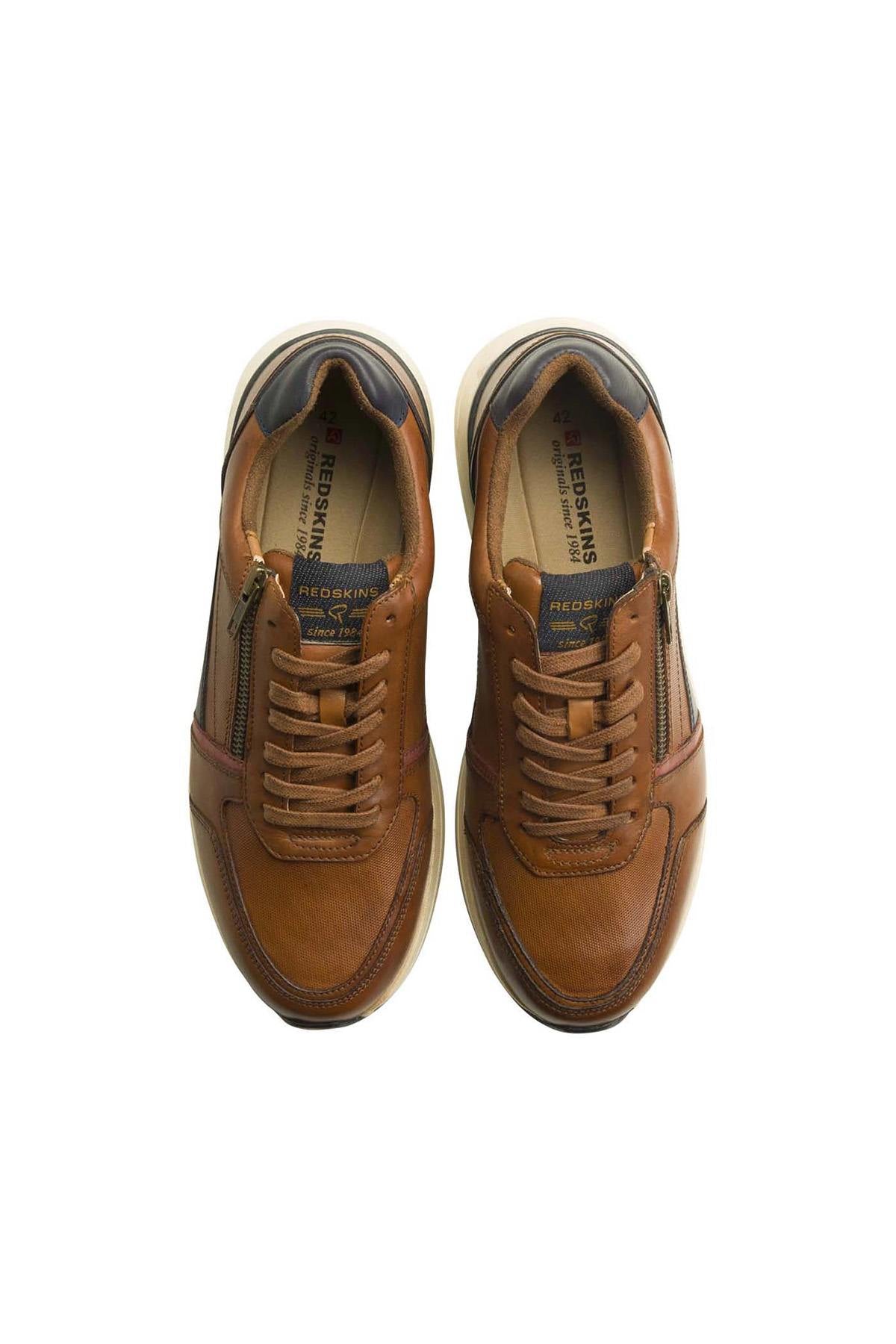 Cognac and navy leather sneakers with laces and side zip - Image n°3