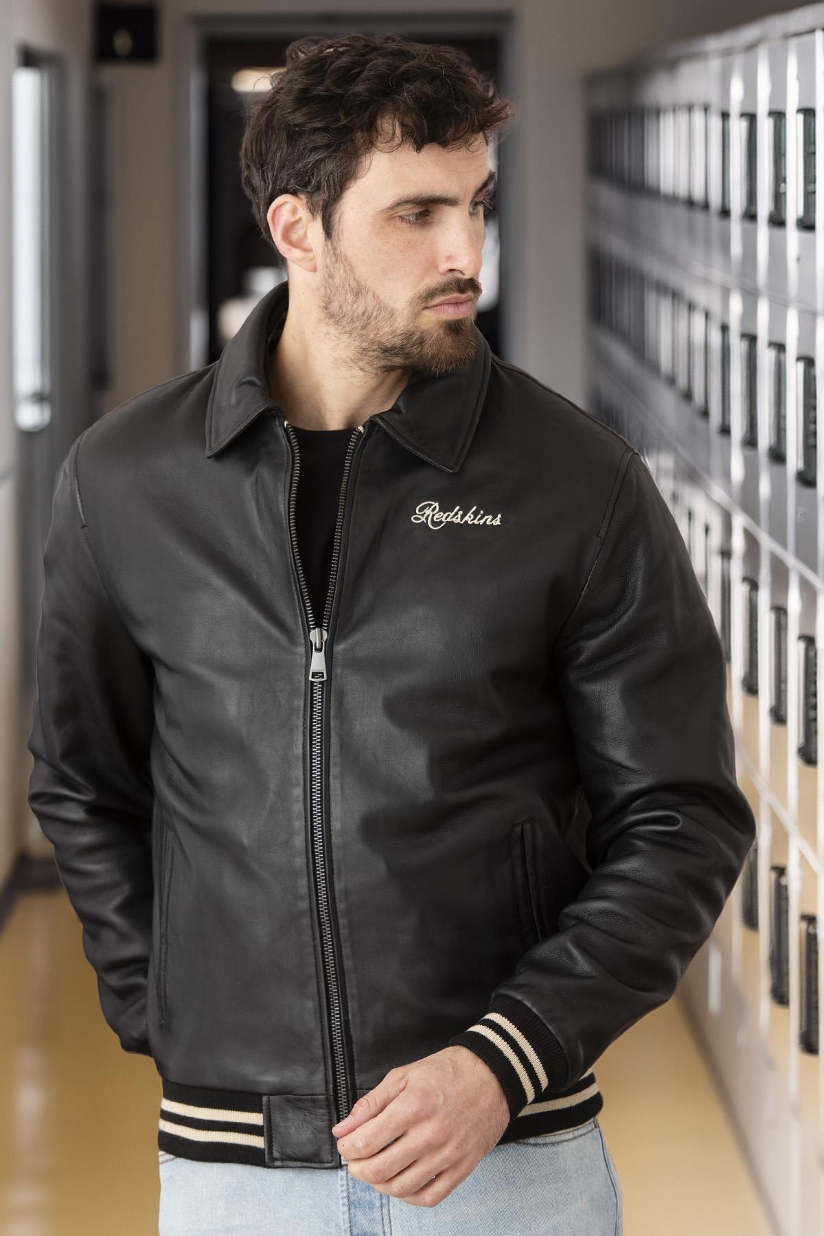 Black leather bomber jacket with shirt collar inspired by Teddy Varsity - Image n°6