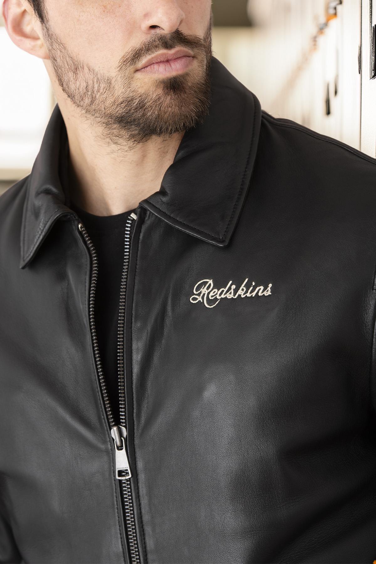 Black leather bomber jacket with shirt collar inspired by Teddy Varsity - Image n°7