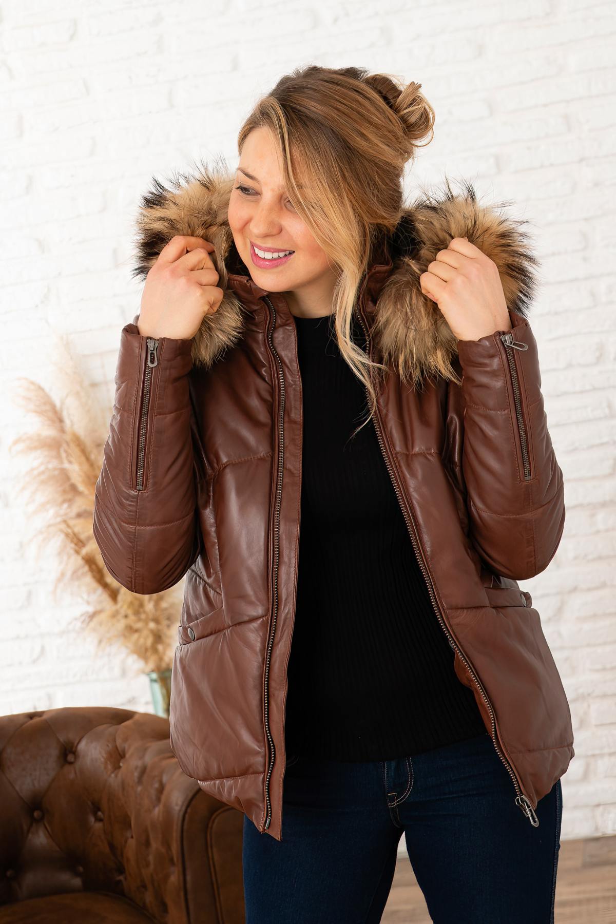 Cognac leather down jacket with real fur on the hood - Image n°5