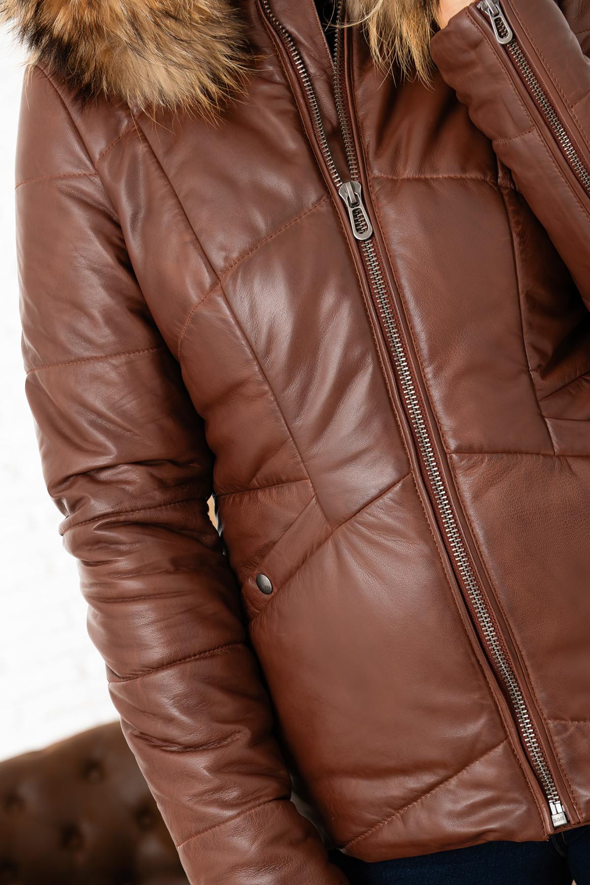 Cognac leather down jacket with real fur on the hood - Image n°7