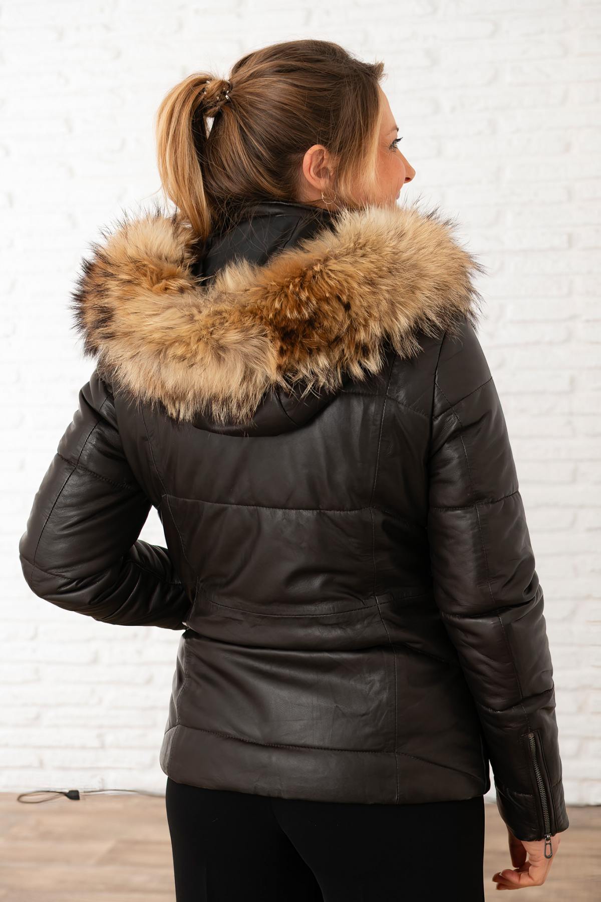 Brown leather down jacket with real fur on the hood - Image n°4