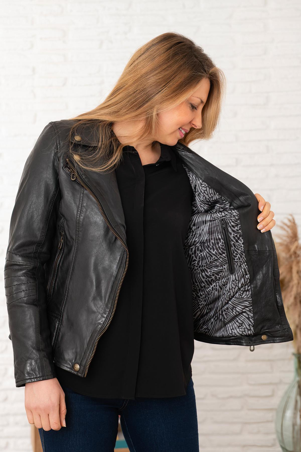 Women's black leather biker jacket - Image n°3