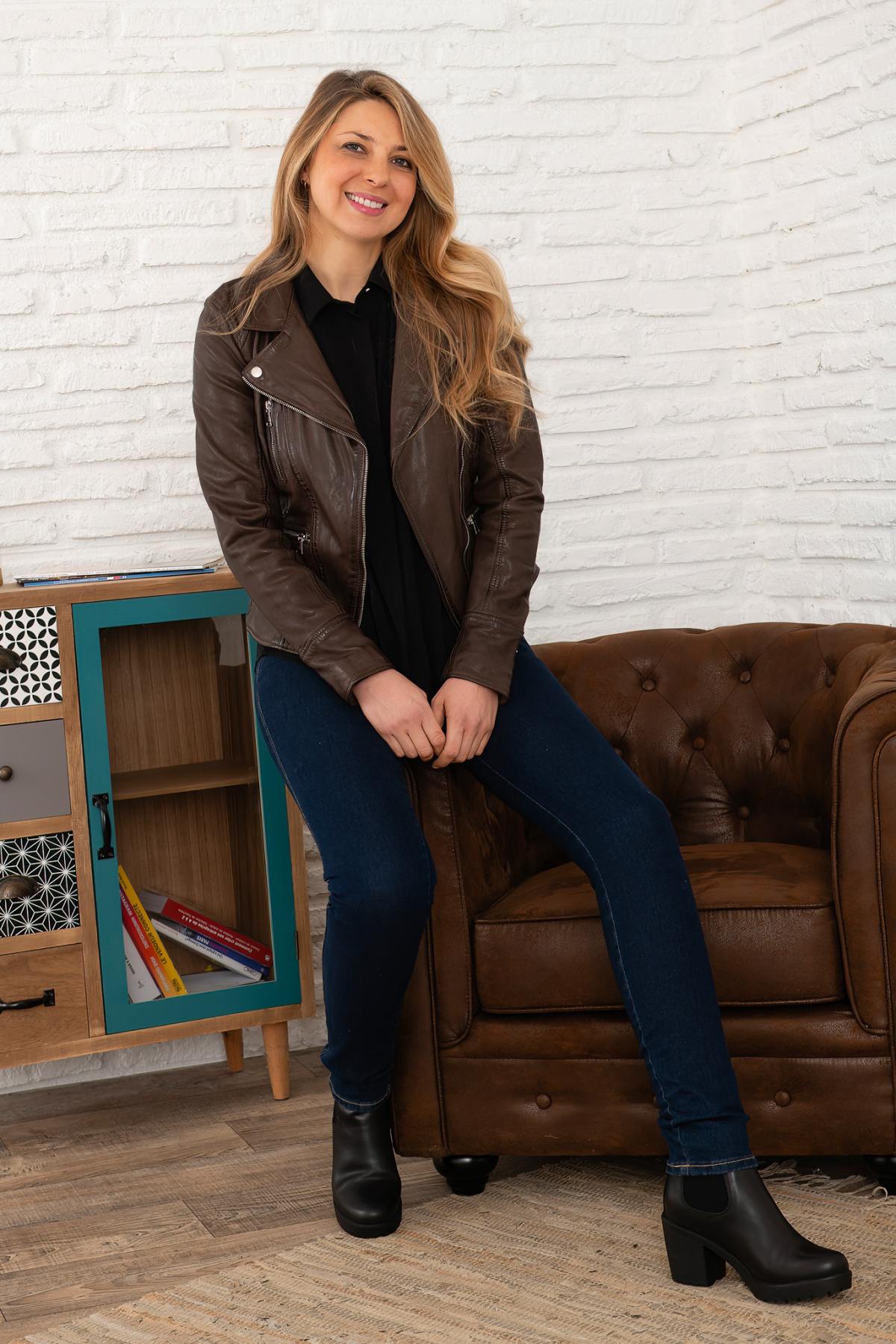 Chocolate colored leather biker jacket - Image n°3