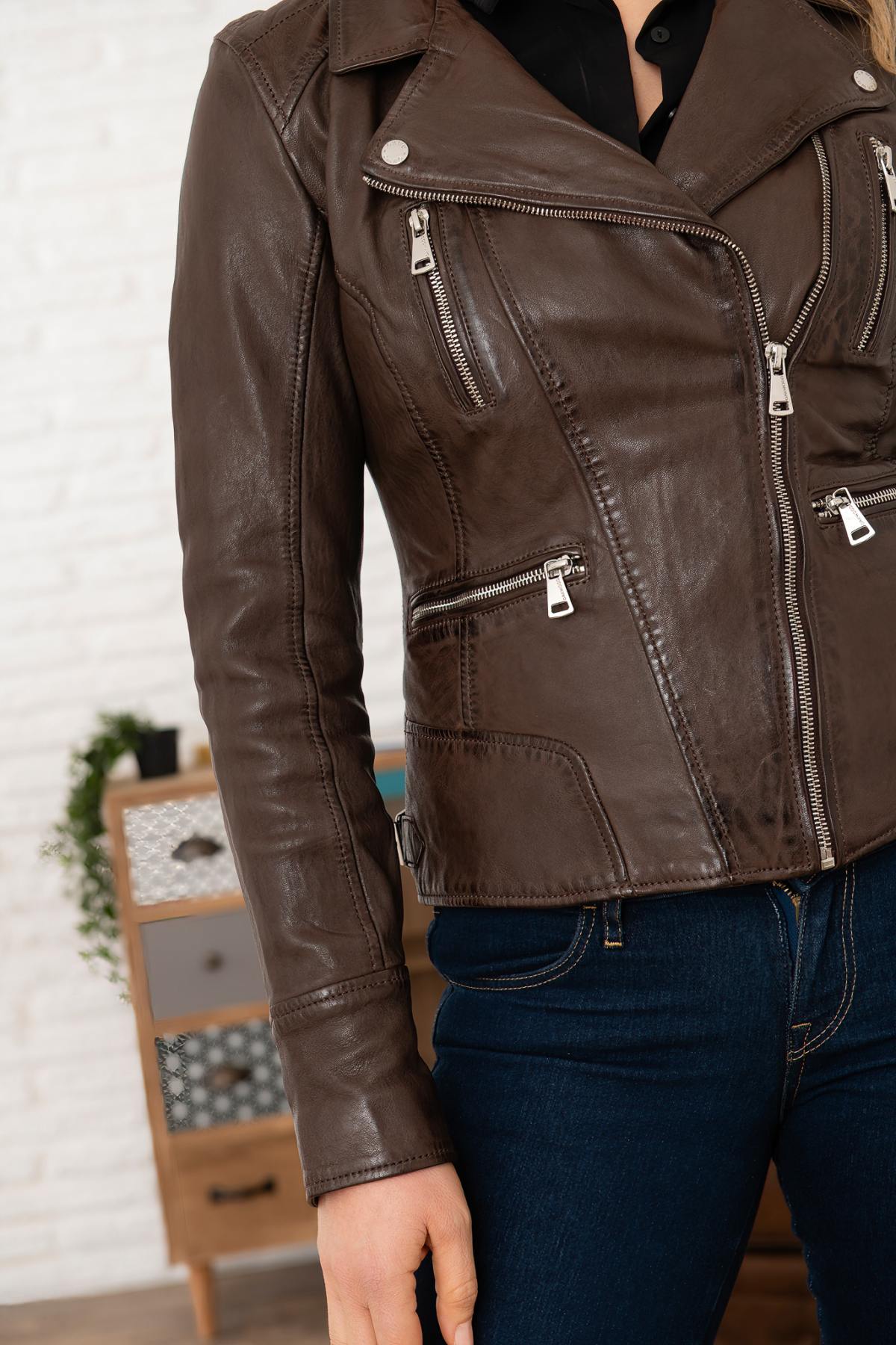 Chocolate colored leather biker jacket - Image n°6