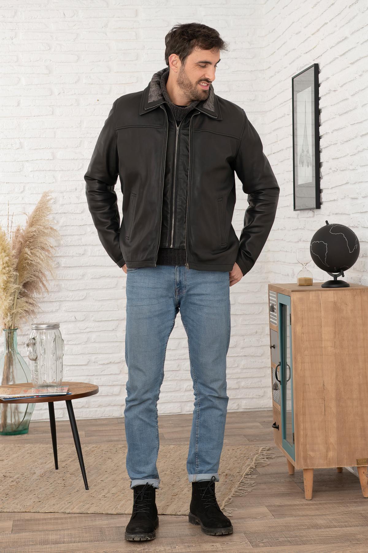 Black leather jacket with stand-up collar and removable facing - Image n°5