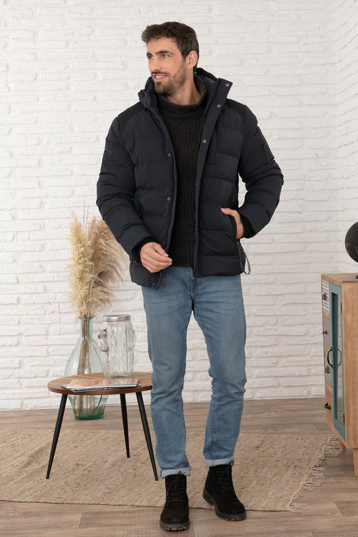 Dark Navy Blue Hooded Down Jacket for Men - Image n°3