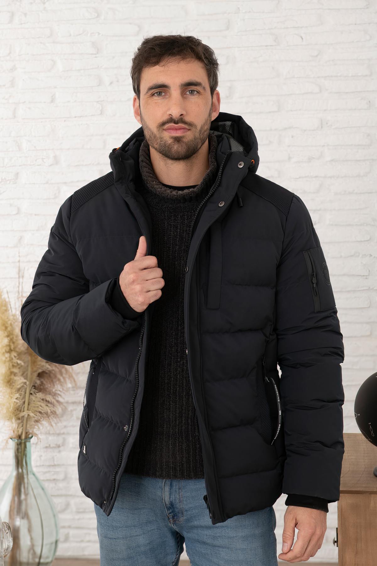 Dark Navy Blue Hooded Down Jacket for Men - Image n°1