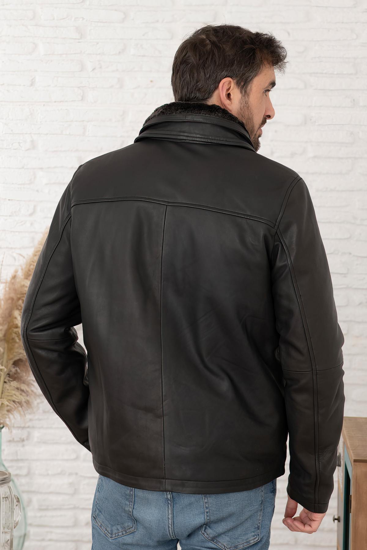 Black leather jacket with stand-up collar and removable facing - Image n°4