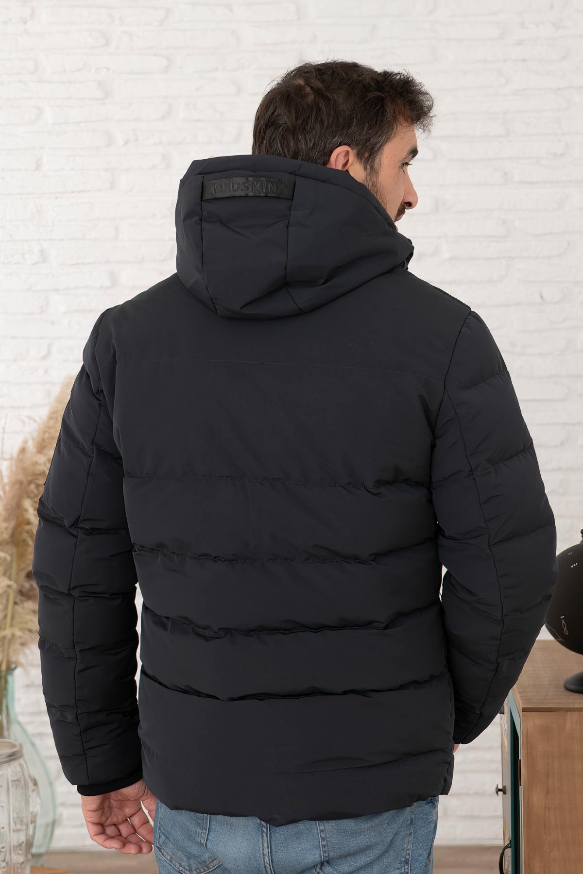 Dark Navy Blue Hooded Down Jacket for Men - Image n°4