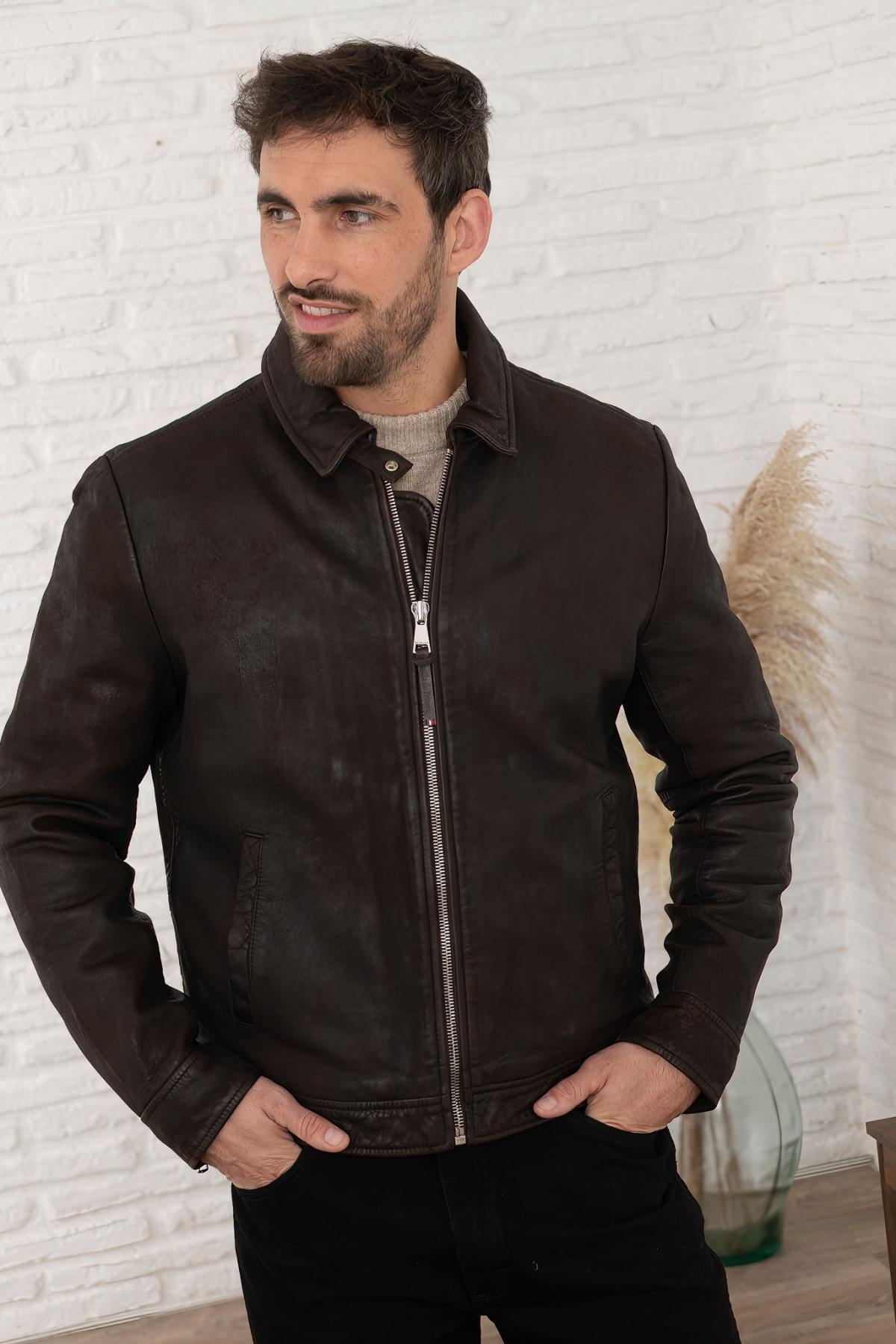 Brown leather jacket with shirt collar - Image n°6